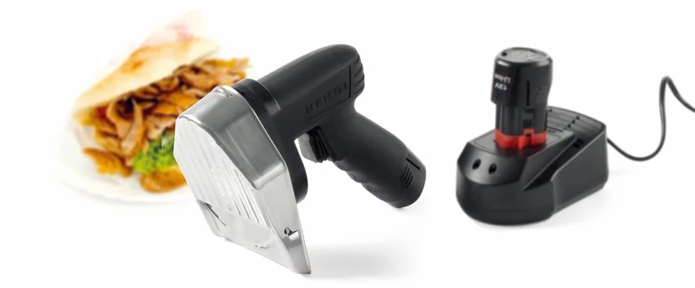 HENDI Cortador cuchillo inalámbrico para kebab, shawarma, gyros, espesor de corte ajustable 0-8mm, cuchilla: 2600 rpm, 2 baterías de 2000mAh, 80W, 60kg/h, 240V, 199x125x(H) 184mm, acero inoxidable