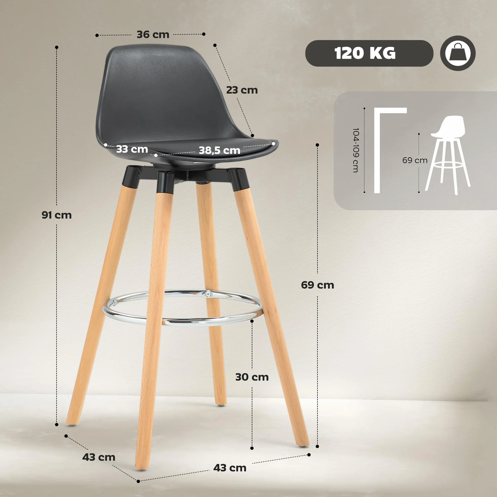 HOMCOM Juego de 2 Taburetes Altos de Cocina Altura Asiento 69 cm Taburetes de Bar Sillas Altas de Cocina Tapizado en PU con Respaldo Patas de Madera para Comedor Negro