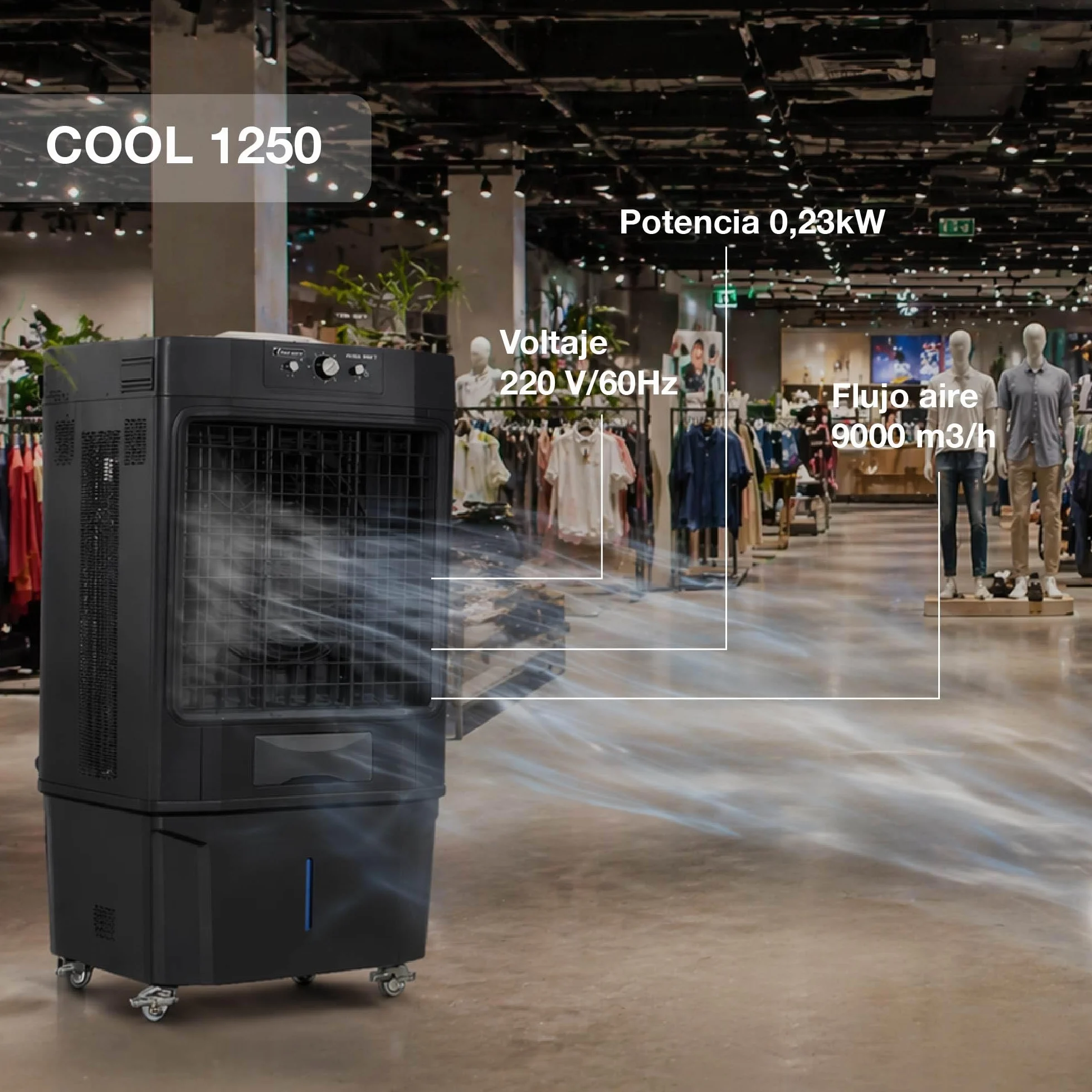 GARLAND COOL 1250 - Climatizador evaporativo 230 W, flujo 9000 m³/h, depósito 60 L, enfriador portátil para 50-80 m², estructura plástica, bajo consumo, silencioso y ecológico