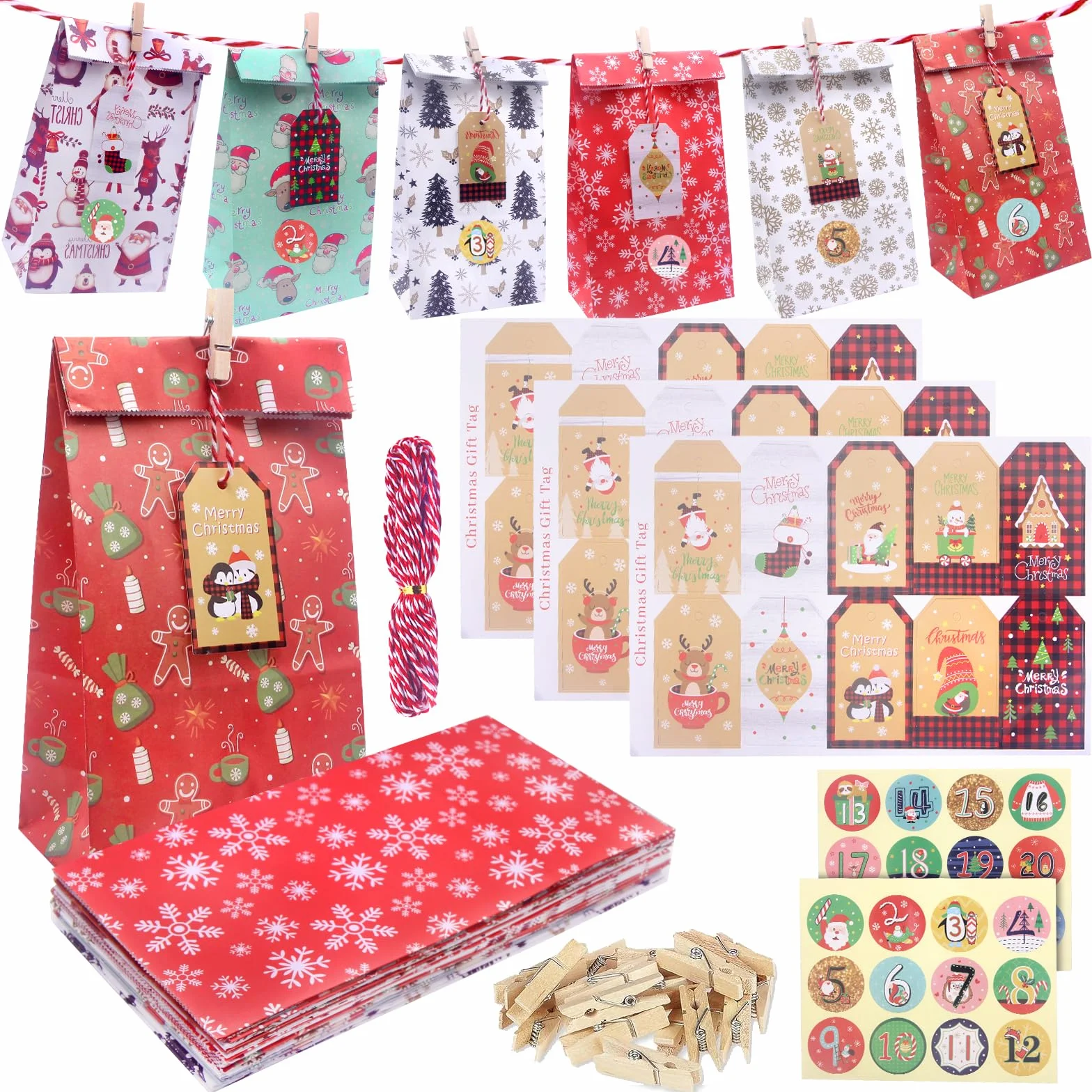 Calendario Adviento para Rellenar 2024, 24 Piezas, DIY Bolsas Navideñas de Papel con Cuerda y Números Adhesivos