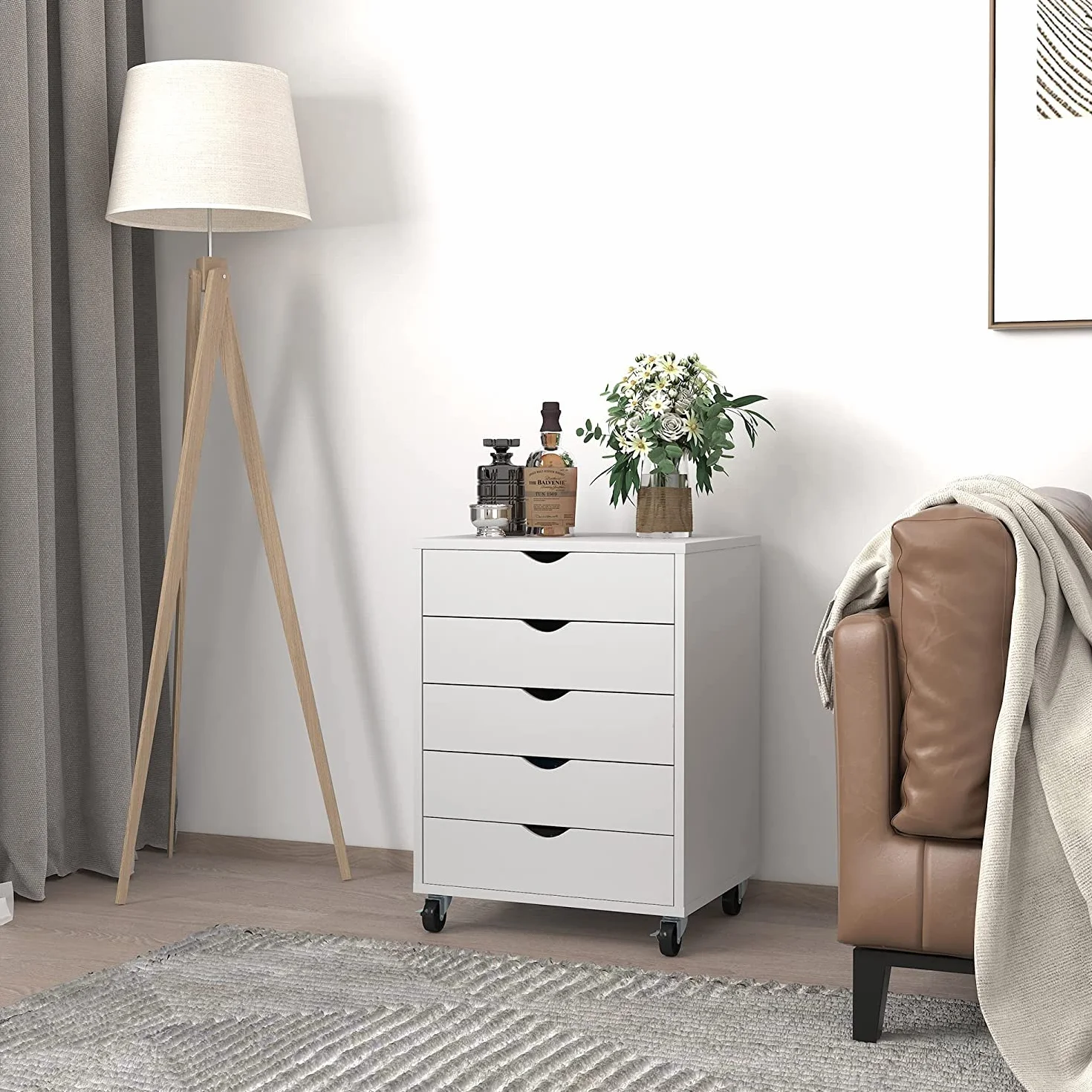 YITAHOME Archivador móvil de 5 cajones, archivador de madera para tamaño A4, documento de tamaño carta, gabinete de almacenamiento debajo del escritorio, archivador vertical portátil, blanco