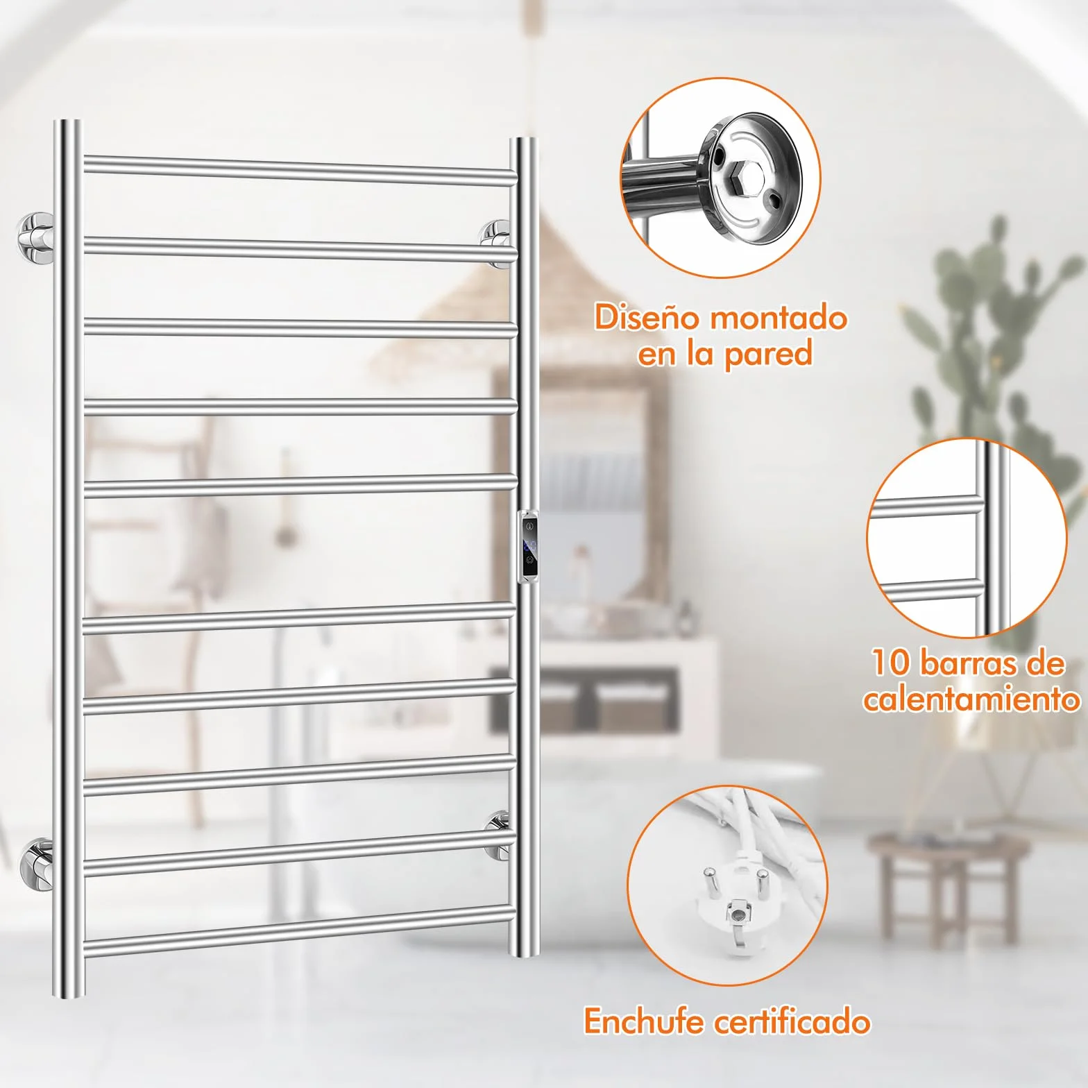 COSTWAY Toallero Eléctrico, Calentador de Toallas Montado en la Pared con Temporizador de 1-8H y Pantalla LCD, Calentador de Toallas de Baño de Acero Inoxidable, Plateado (120W, con 10 Barras)