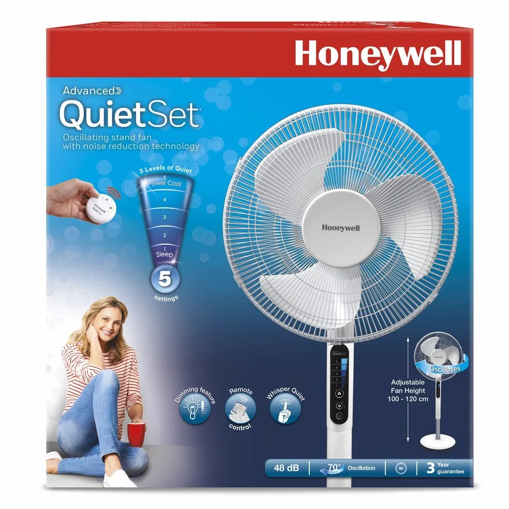 Honeywell Advanced QuietSet Ventilador de Pie Oscilante, 5 Ajustes de Velocidad, Función de Temporizador, Oscilación de 70°, Altura Regulable, Mando a Distancia, Fácil de Usar, HSF600W