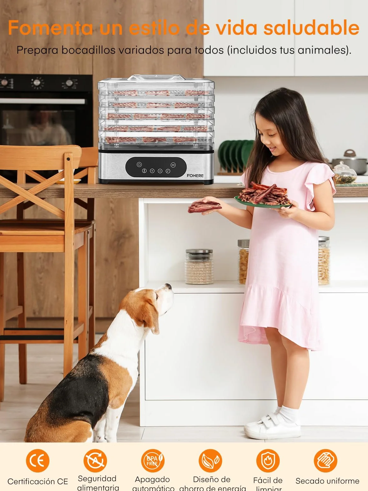Deshidratador de Alimentos FOHERE 420W 5 Bandejas Inox Pantalla LED Temporizador Temperatura 35-70°C