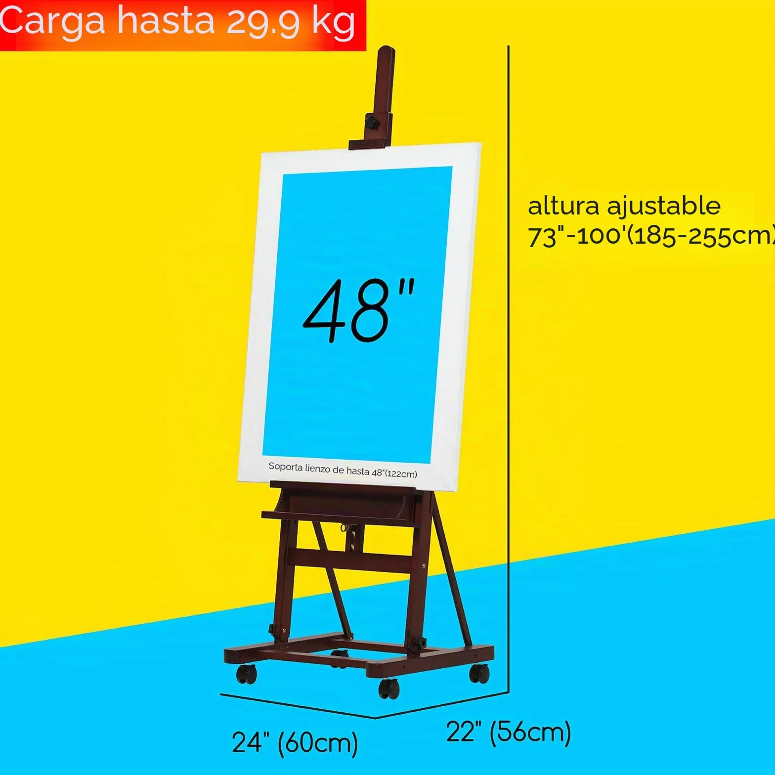 MEEDEN Caballete grande para artistas de estudio, capacidad para máximo lienzo de 48 pulgadas, caballete de madera de haya maciza con marco en H con bandeja de almacenamiento grande, soporte ajustable
