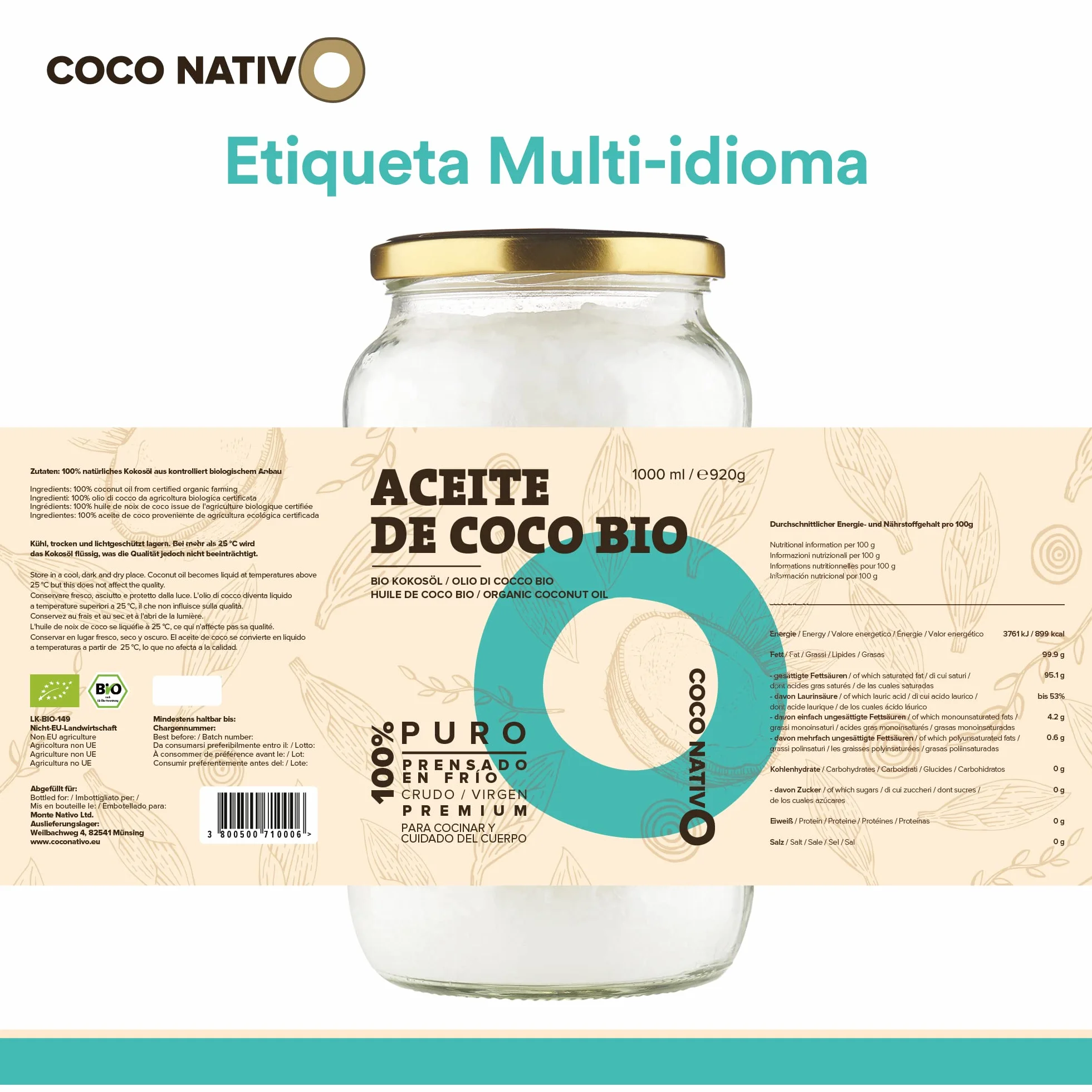 Aceite de Coco CocoNativo Orgánico Virgen Extra Ecológico 1x1000 ml Extracción En Frío