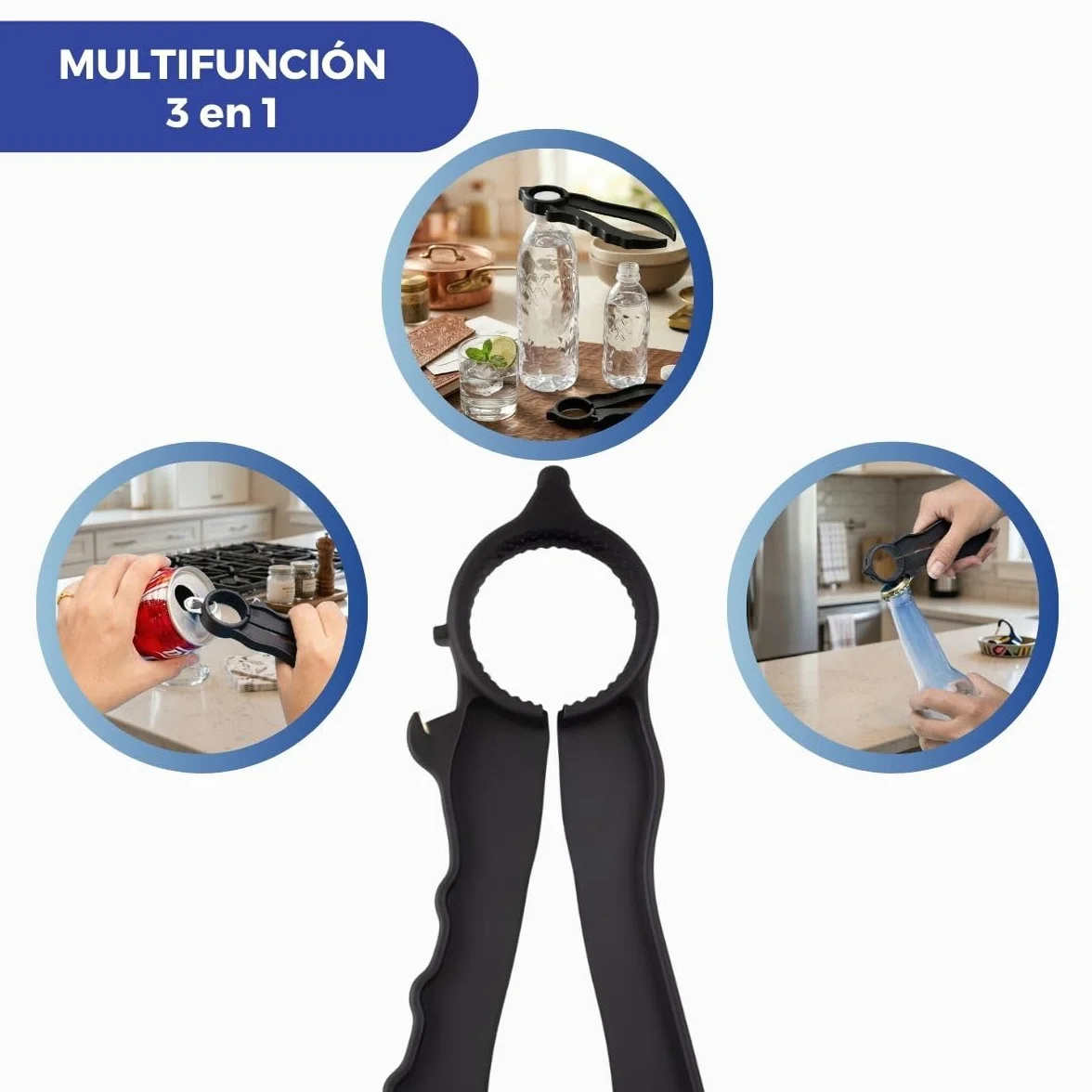 Mobiclinic®, Abrebotellas Ergonómico, Antideslizante, Multifunción, para Tapones, Botes y Latas, Ligero y Compacto, Fácil Uso, Personas Mayores y con Movilidad Reducida, Niños, Negro