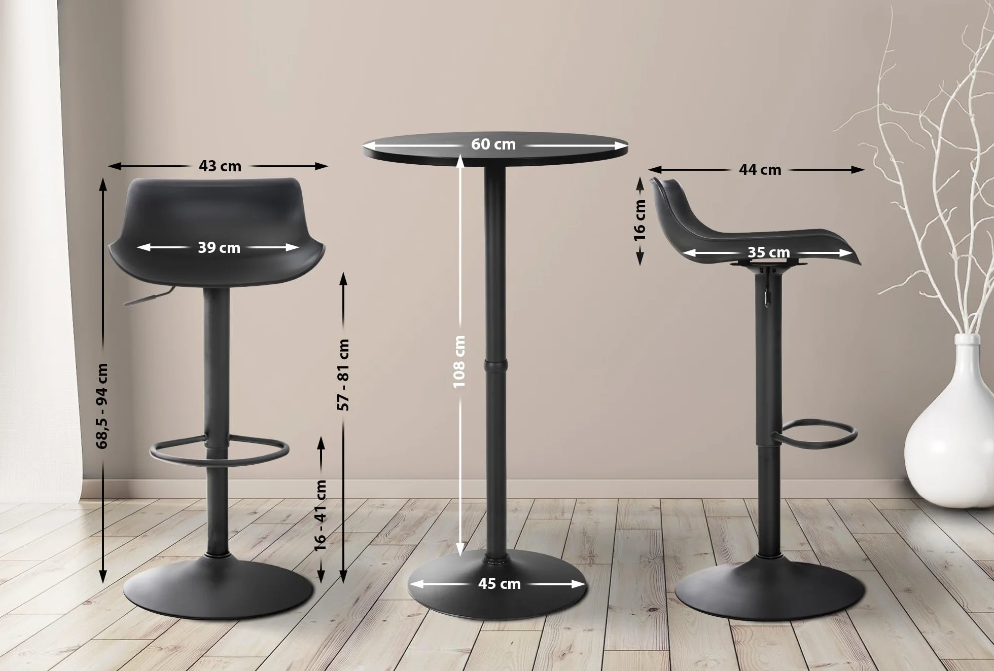 CLP Conjunto De 2 Taburetes De Bar & 1 Mesa Alta Fernie I Juego De Mesa Redonda De Madera & 2 Sillas Giratorias, Color:Negro