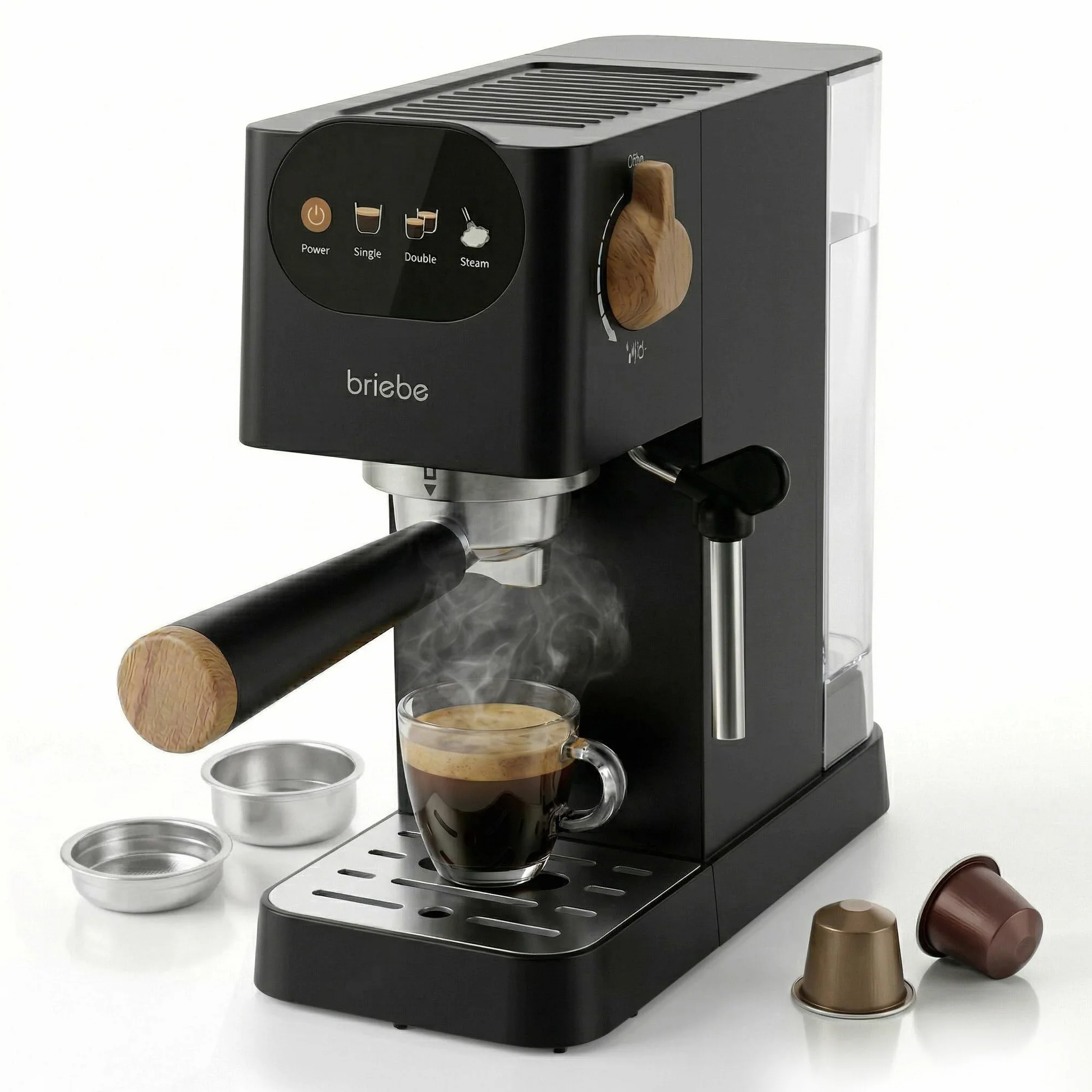briebe Nordic Cafetera Espresso 20 Bares Compatible Cápsulas Nespresso y Café Molido, Máquina Café Semiautomática Profesional 1350W, Espumador Leche, Pantalla Táctil, 1,2L, Diseño Nórdico, Negro