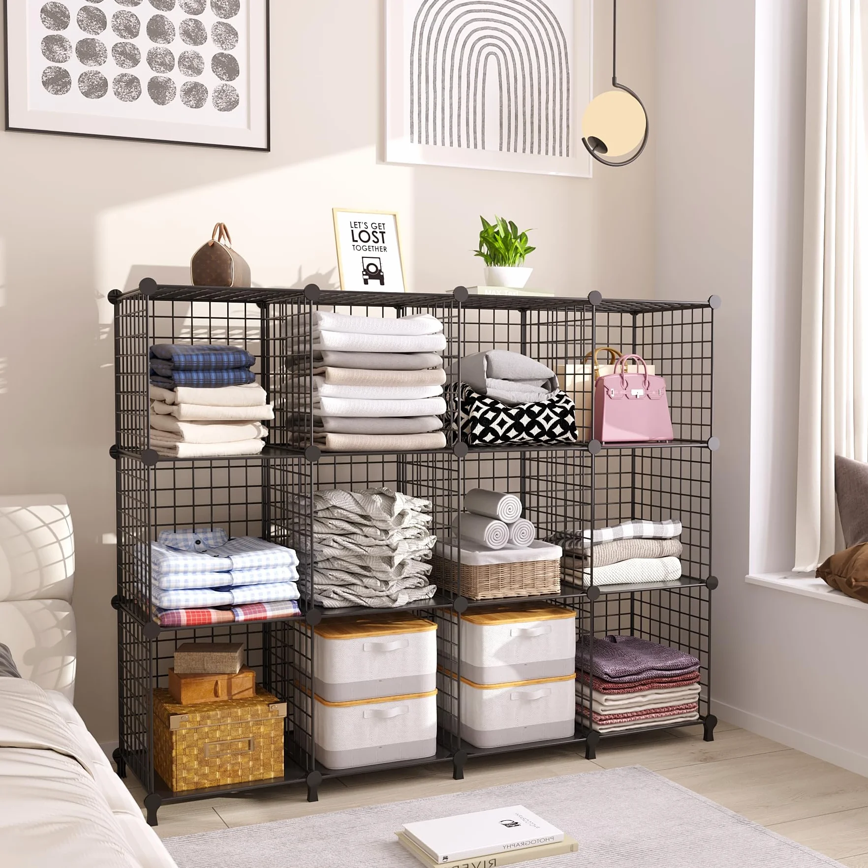 AWTATOS Estante de Almacenamiento 12 Cubos, Organizador modular de Alambre de Hierro, Negro