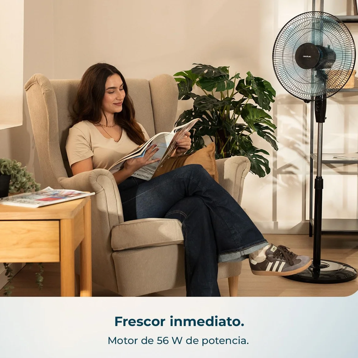 Cecotec Ventilador de Pie EnergySilence 515 WindLite Pro Black. 56W, Diámetro 16” (40cm), 3 Velocidades, Oscilación Automática, Altura Ajustable, 5 Aspas y Máxima Seguridad, Negro