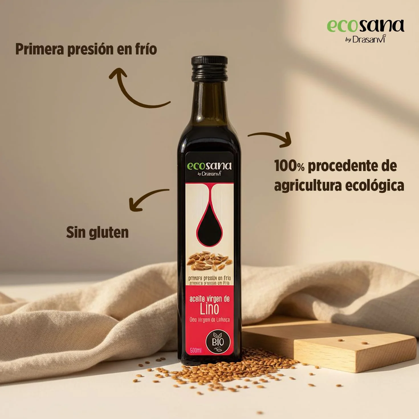DRASANVI ECOSANA Aceite de Lino Bio 500 ml Omega 3 6 9 Laxante Natural Fitoestrogenos Protección Cardiovascular