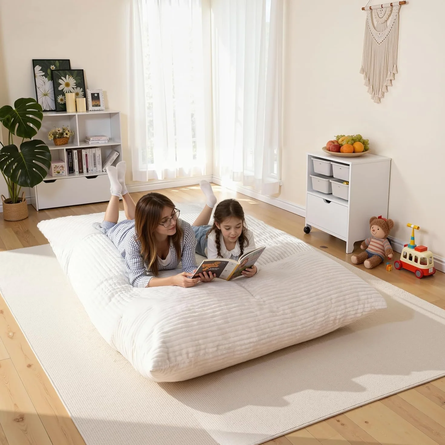 NALONE Puff Salon con Relleno Incluido de Lujo XXXL, 4-en-1 Sofa Puf Gigante Sillón De Bean Bag De 195 cm, Piso con Cubierta De Franela Y Lavable para Dormitorio Y Salón (Blanco)