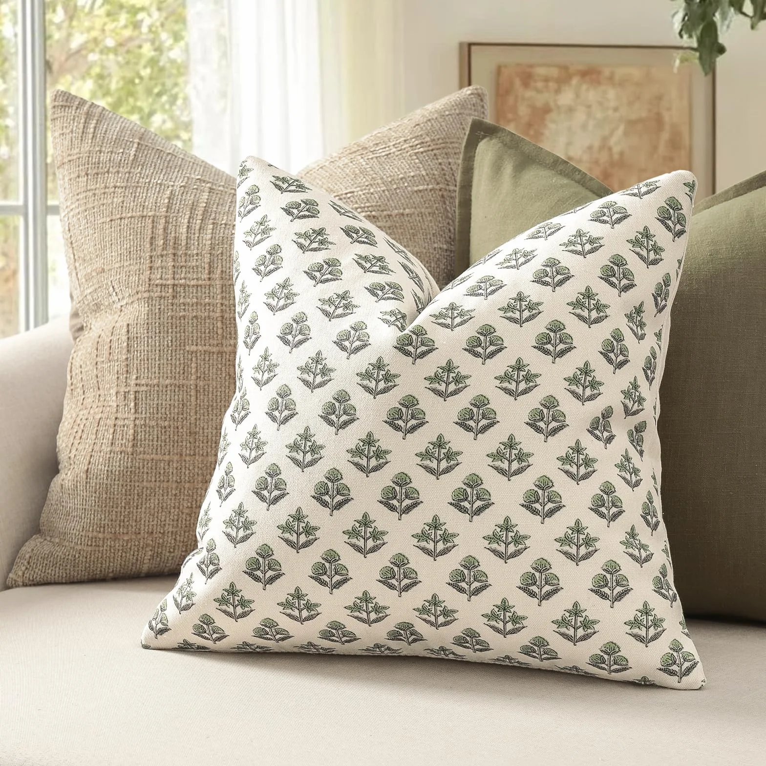 YCOLL Funda de Cojín 45x45 Set de 2 Verde Salvia Botánico Vintage