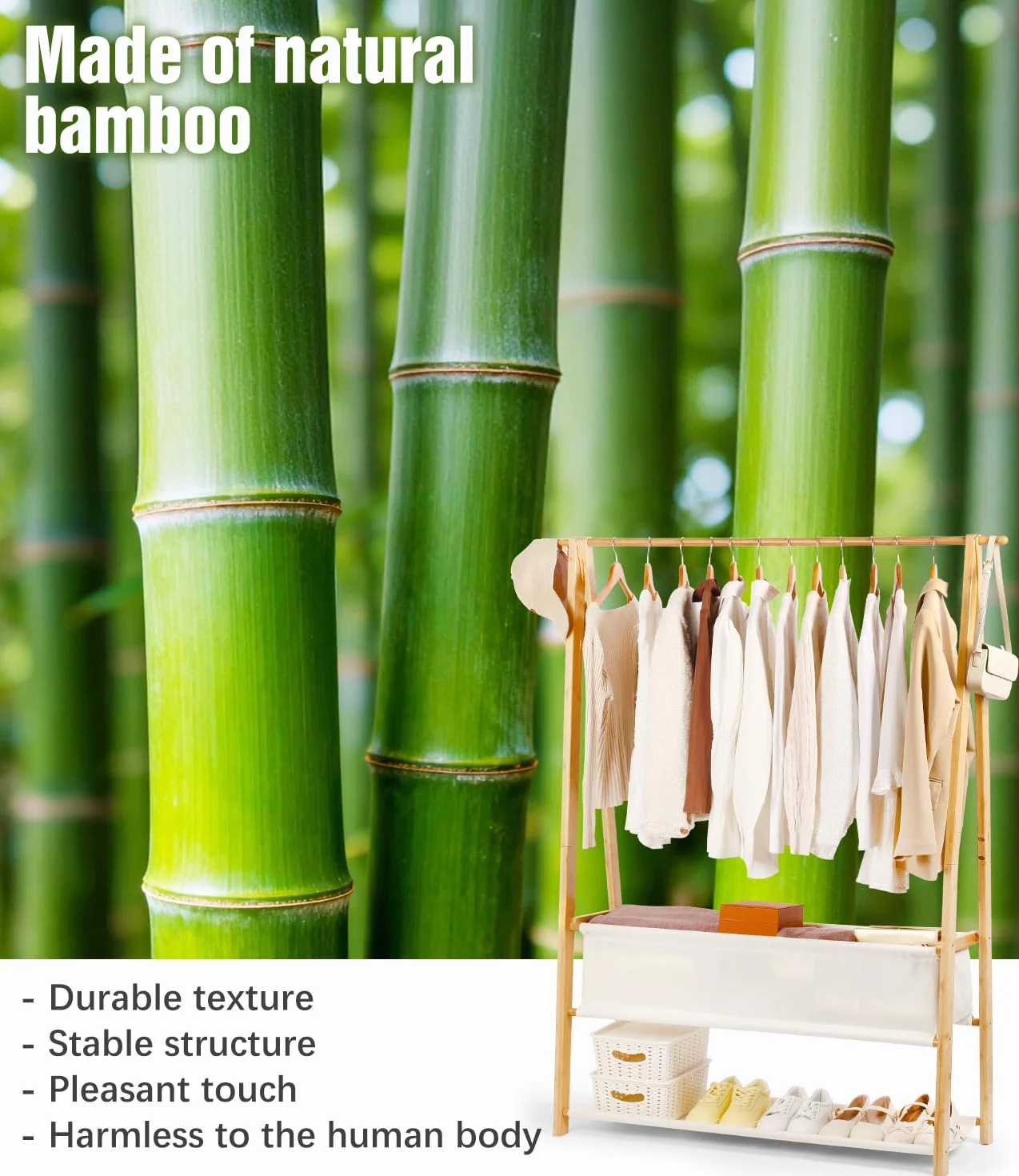 Perchero de bambú, perchero de armario abierto con bolsa de almacenamiento y estante, gancho para colgar, estable para dormitorio y pasillo (L - 120 cm)