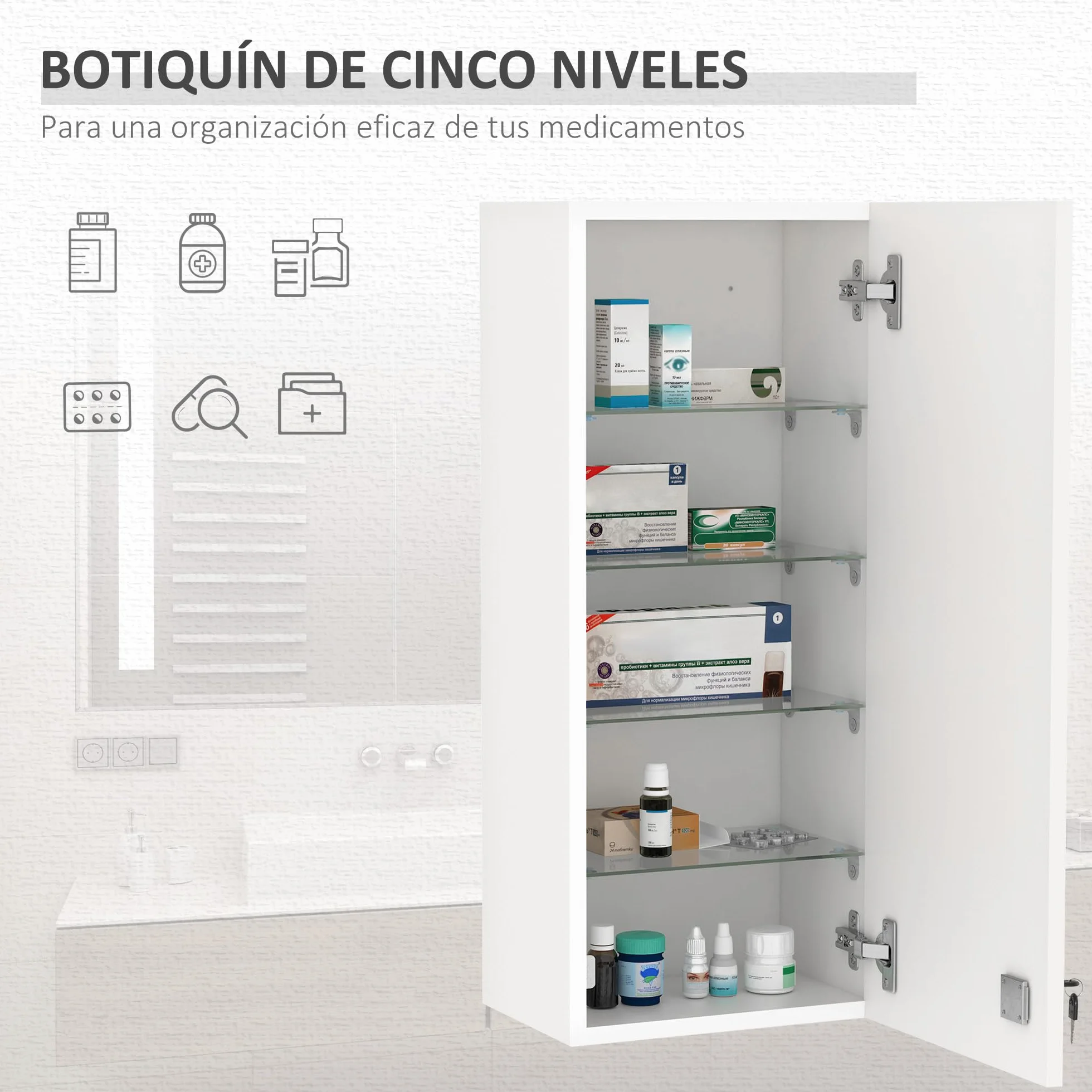 Kleankin Botiquín de Pared Primeros Auxilios 5 Niveles Estantes Ajustables Vidrio Cerradura 30x20x70 cm Blanco