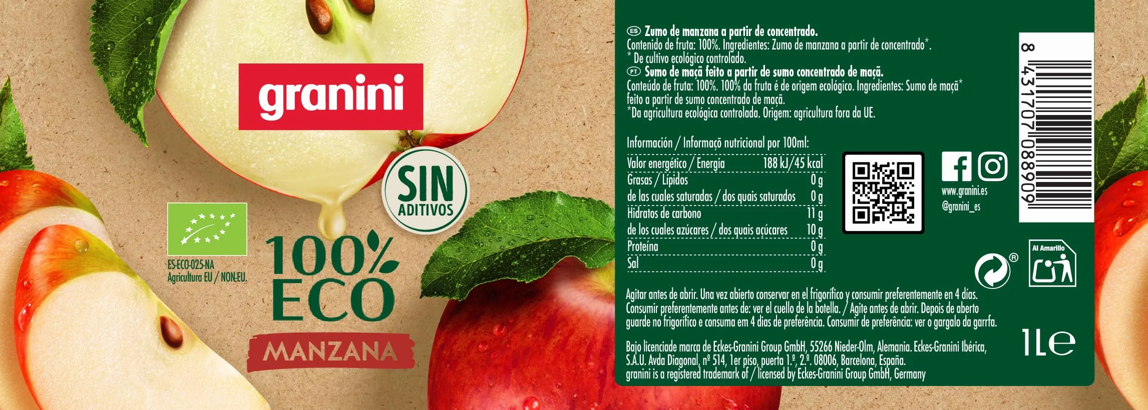 Granini 100% ECO Zumo de Manzana ecológico Pack 6 x 1L Sin azúcares añadidos