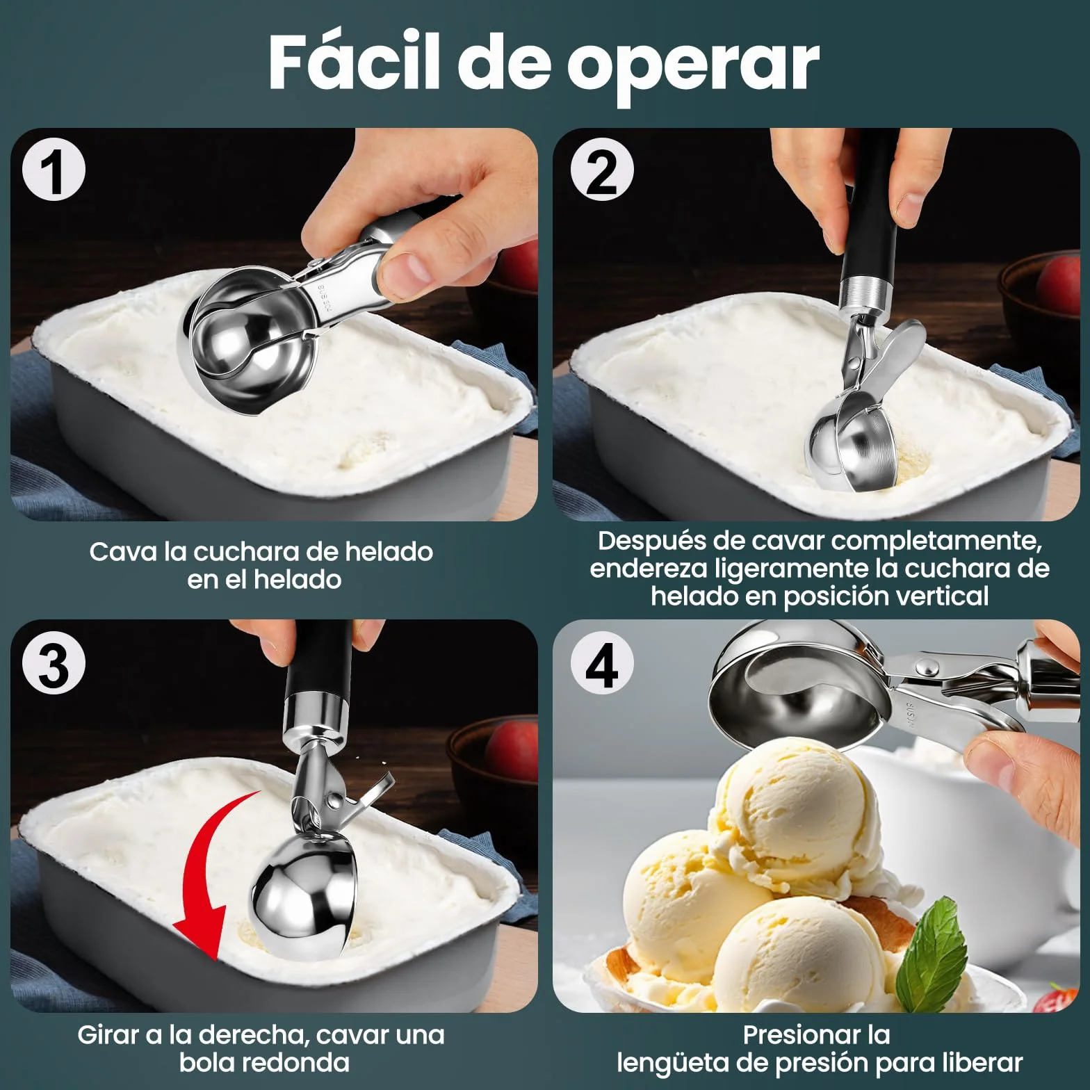 Cuchara Helado de Acero Inoxidable 21 cm, Sacabolas con Gatillo y Mango Cómodo, Pulido Espejo