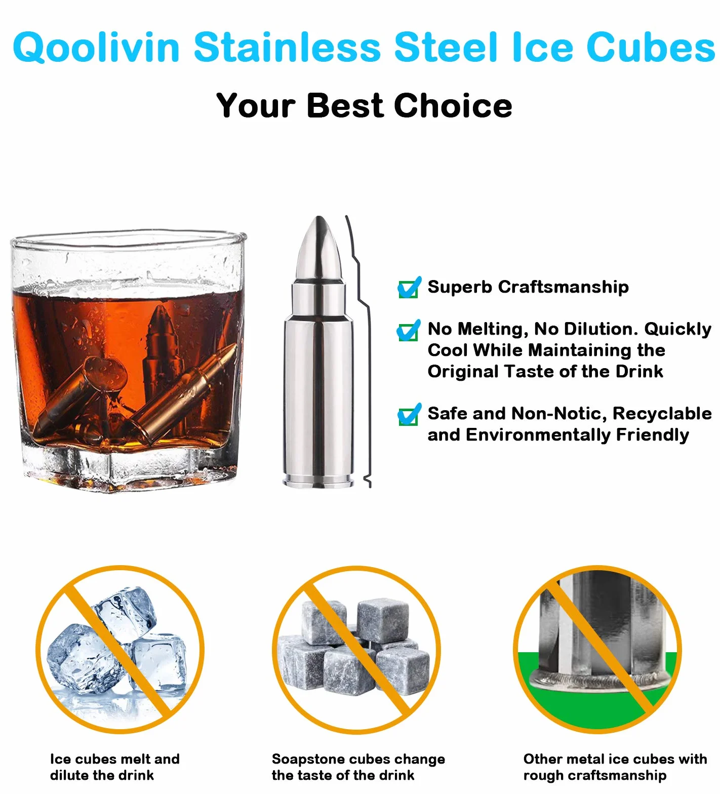 Dia del Padre Regalos Cubitos Hielo Whisky Set De 6 para Regalo Wiskhy Alcohol Cubitos Acero Inoxidable Cubos Enfriadores Bala De Acero Inoxidable para Cubitos De Hielo Bullet Reutilizables