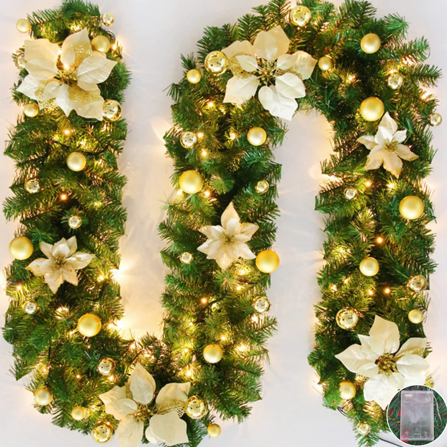 Guirnalda de Navidad con luces LED, 2,7 m (2,7 m), corona de Navidad de ratán artificial, guirnalda colgante para puerta delantera, guirnalda para colgar en la puerta delantera, para chimeneas