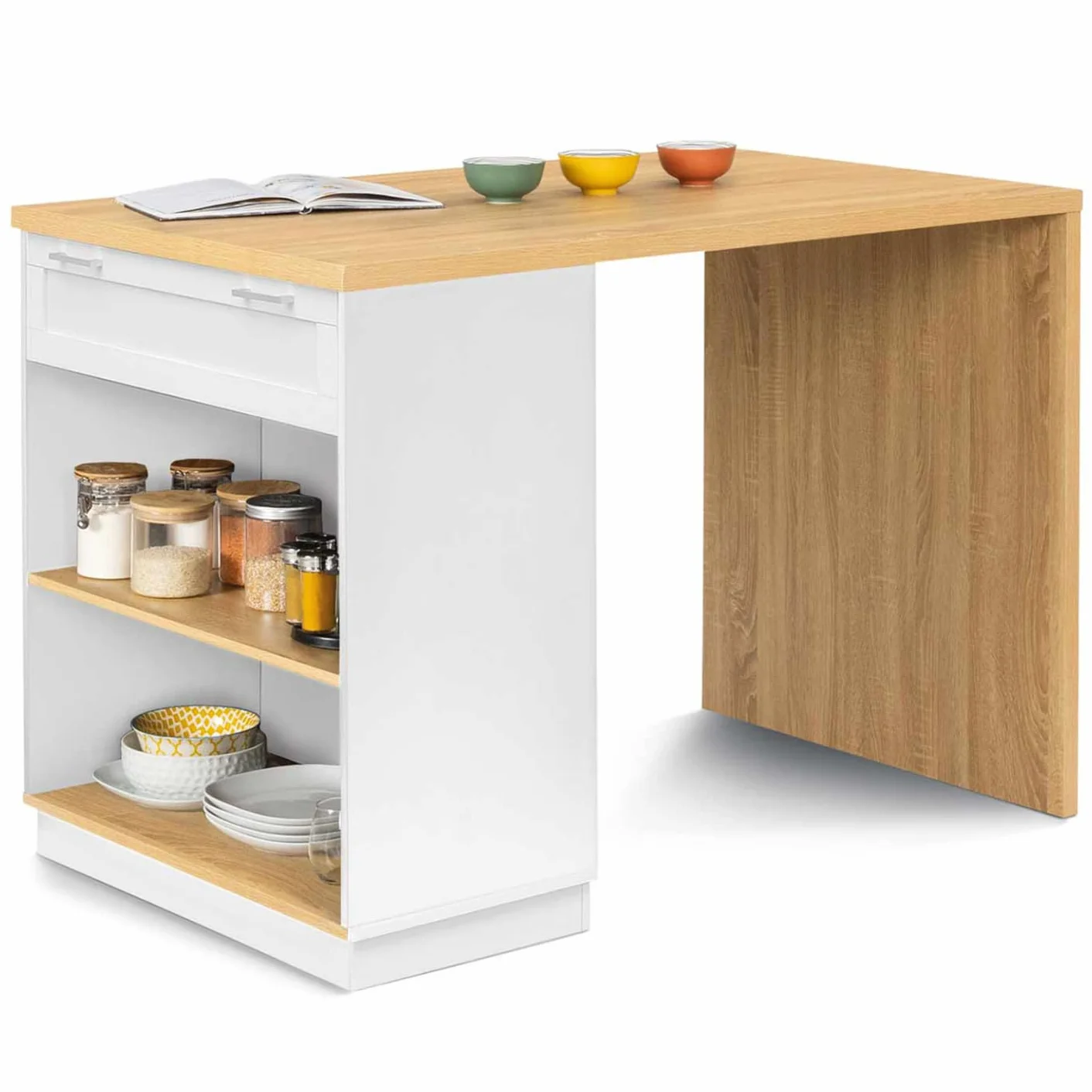 IDMarket - Isla Central Mesa Alta 4 Personas VITO 130 cm Blanco y Encimera de Madera