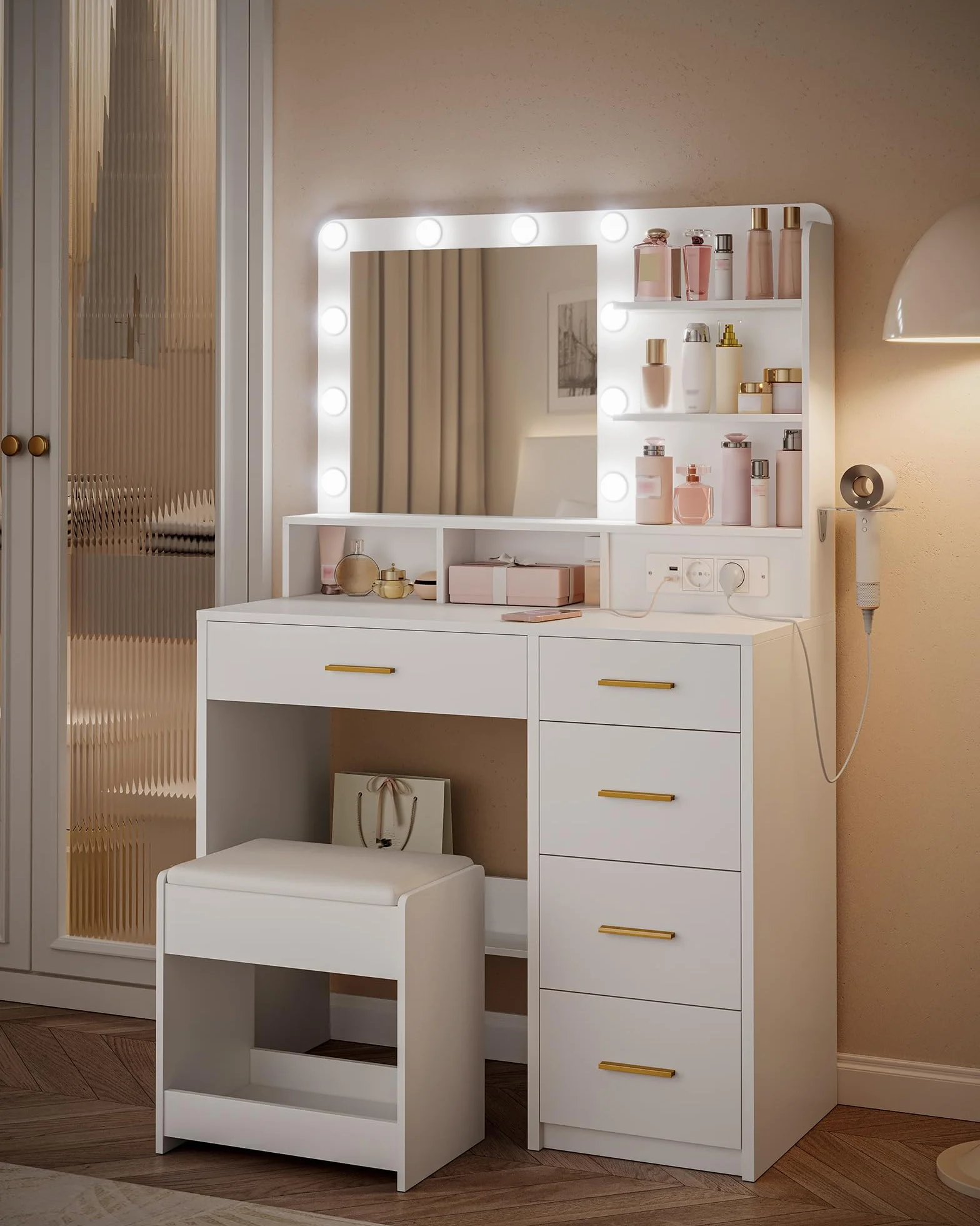 Hzuaneri Tocador de Maquillaje con 10 Globos de Luz LED, 3 Colores, Espejo Grande, Taburete y Cajones, Blanco