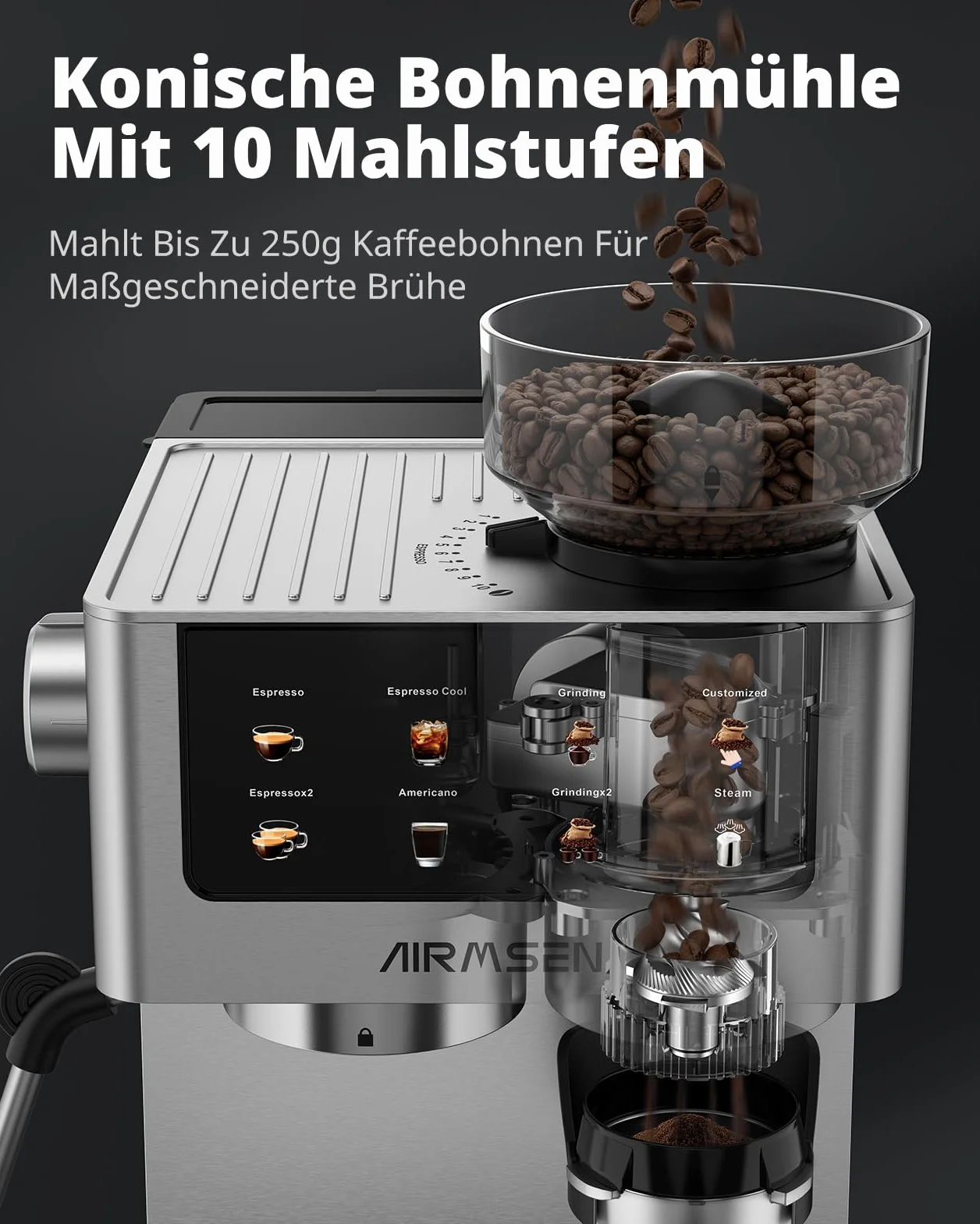AIRMSEN 20 Bar Cafetera de Café Espresso con Molinillo Cónico y Vaporizador de Leche, Programable, Pantalla Táctil, Fabricada en Acero Inoxidable, 1.8L - Café Cold Brew y Americano, Espresso y Leche
