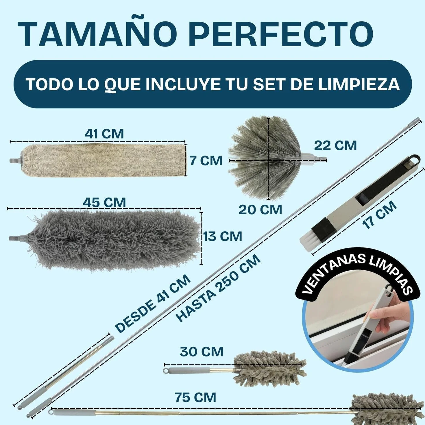 Plumero Atrapapolvo Extensible Microfibra 6 Piezas Lavables Kit Limpia Polvo Cepillo Ranuras Ventanas Puertas Gris