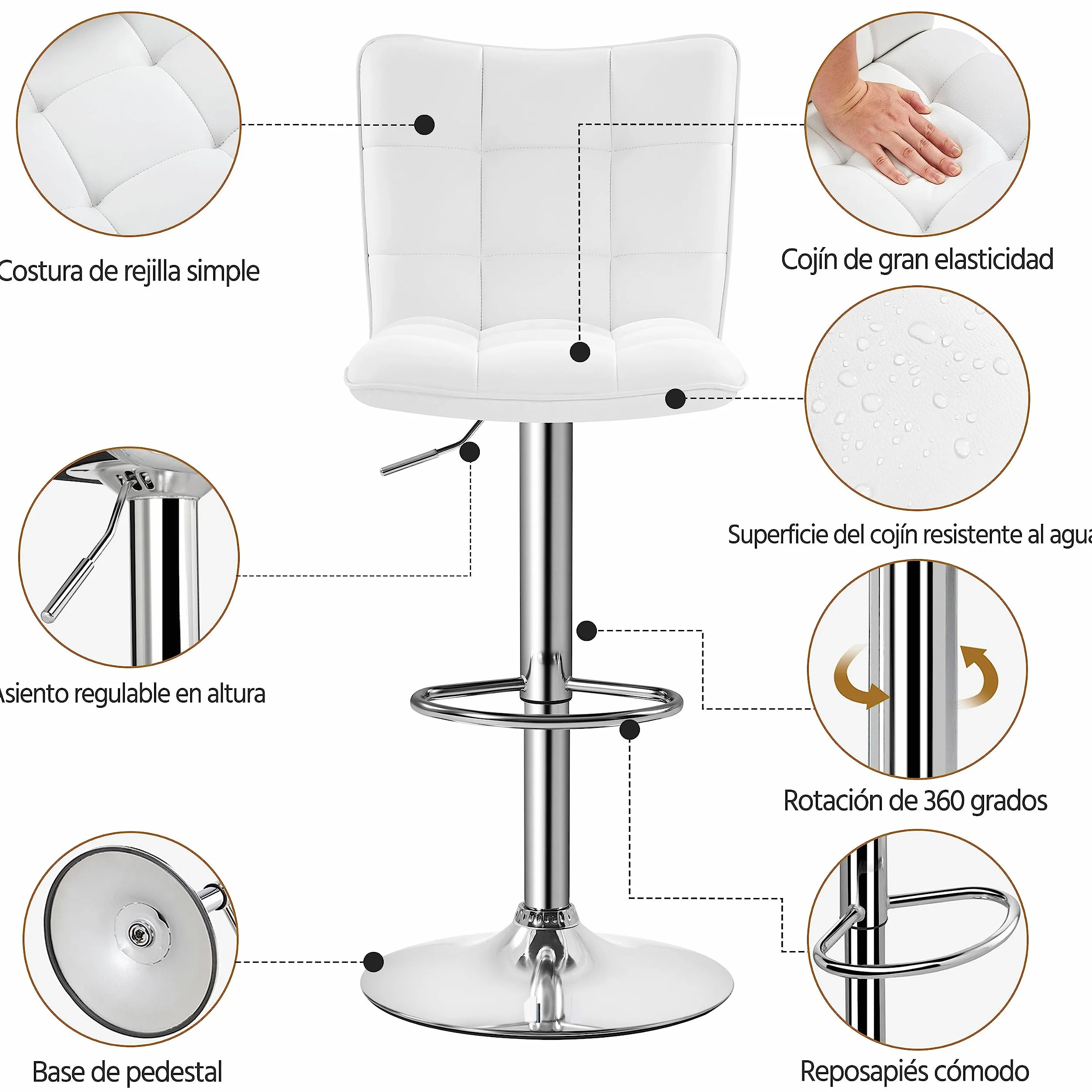 Yaheetech Juego de 2 Taburetes de Bar Taburetes Altos con Respaldo Regulable en Altura y Giratorio 360°, Estructura Metal y Reposapiés, Blanco