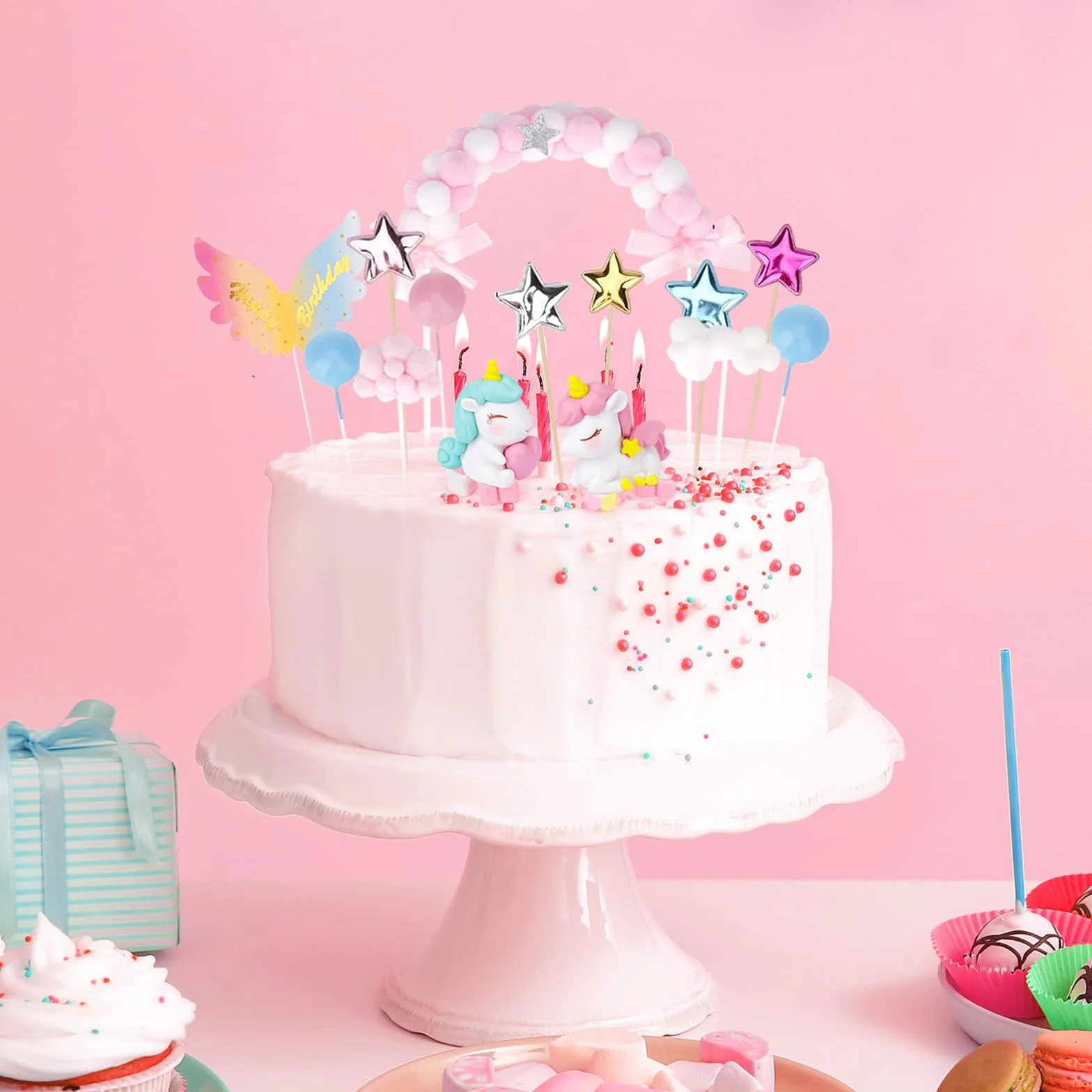 Decoración para tartas de unicornio, 20 piezas, unicornios, arco iris, globos, para cumpleaños