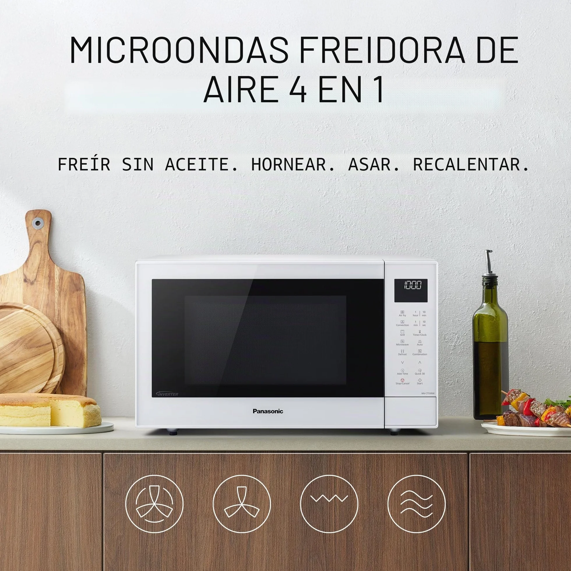 Panasonic NN-CT55RWEPG Horno Microondas Combinado 4 en 1 de 27 L con Freidora De Aire, Inverter de 1000 W, Grill de 1300 W, Convección, 19 Programas Automáticos, Blanco