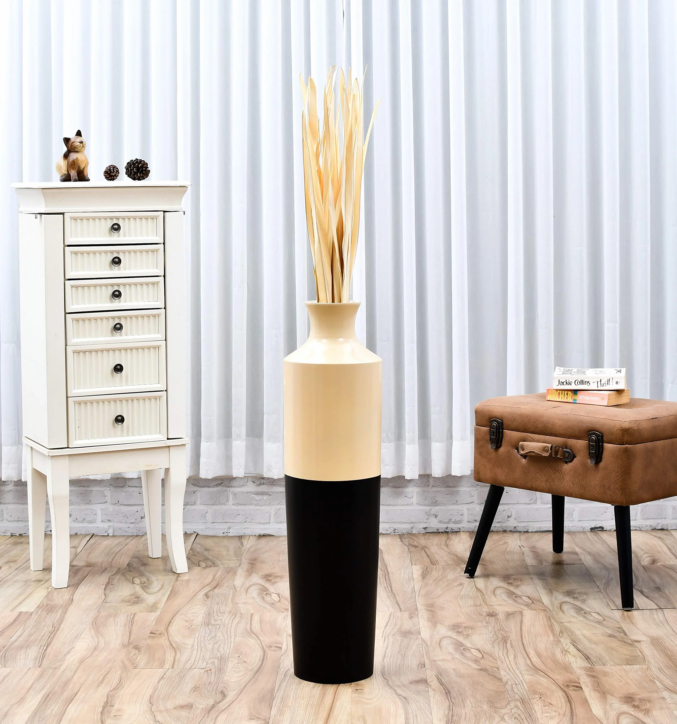 LEEWADEE Decoración Jarrón Suelo - Hojas de Palma Secas 115 cm Natural, Set 2 Ramos