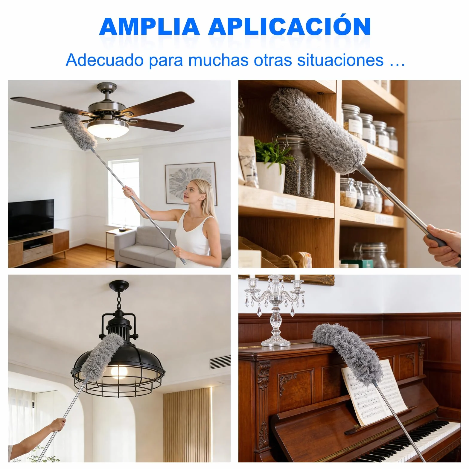 Plumero con Poste Telescópico Largo, 2 Cabezales de Microfibra Lavables, Herramienta de Limpieza Extensible para el Hogar