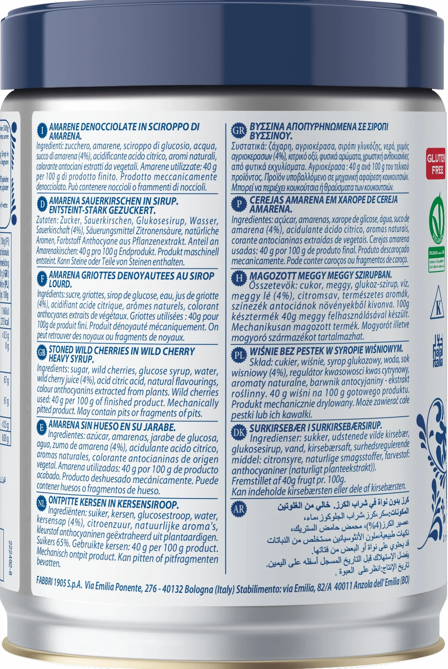 Fabbri Amarena en almíbar 1,25 kg sin gluten elaborado en Italia