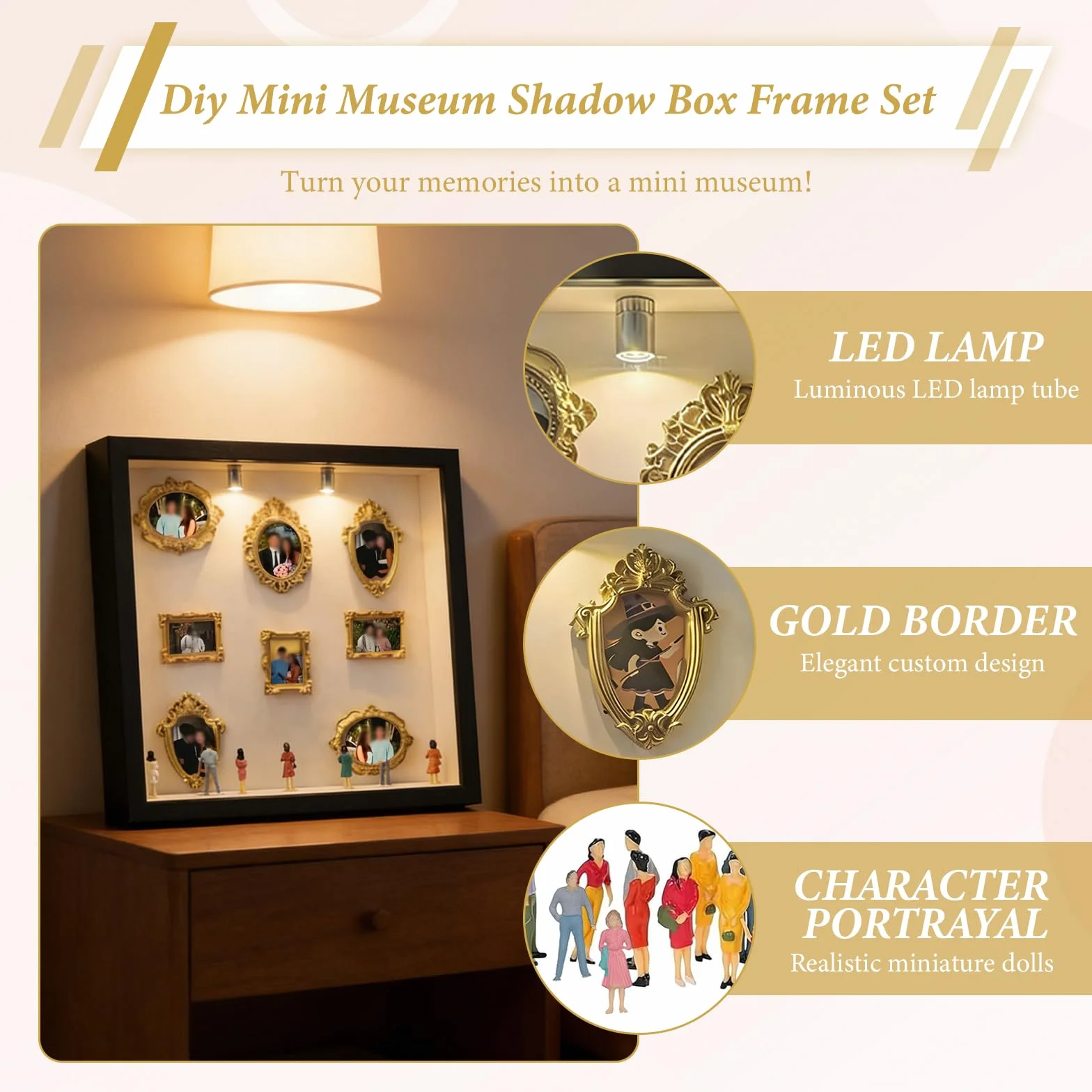 Mini Museo en Miniatura Museum of Us Mini Museo Fotos Museum of Us con 8 Mini Marcos,8 Mini Marcos,Luces,Ideal para Aniversarios, Bodas y Decoración del Hogar Exhibición Creativa de Fotos de Pareja