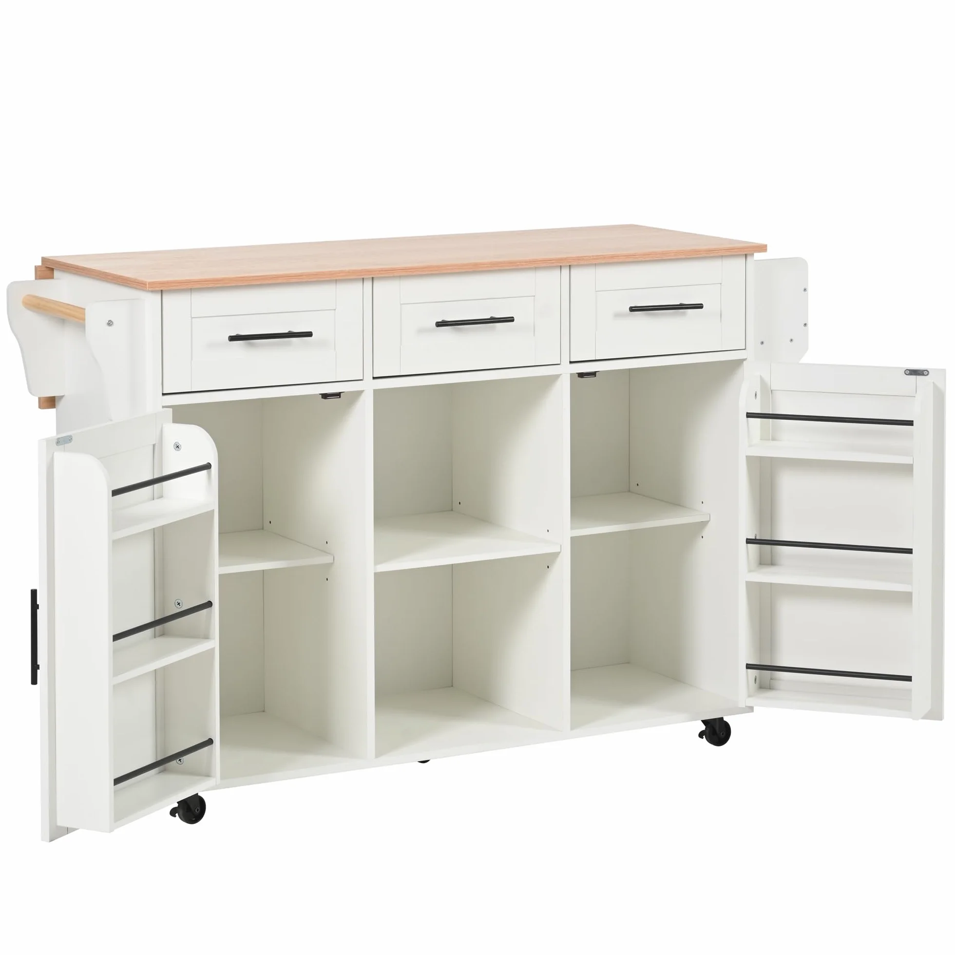 LAKFEW Isla Cocina con 5 Ruedas y Mesa Plegable, Aparador Cocina con 2 Puertas y 3 Cajones, Mueble Auxiliar de Cocina Isla de Cocina con Estantes Ajustables y Toallero, 139x46(71) x91.5 cm, Blanco
