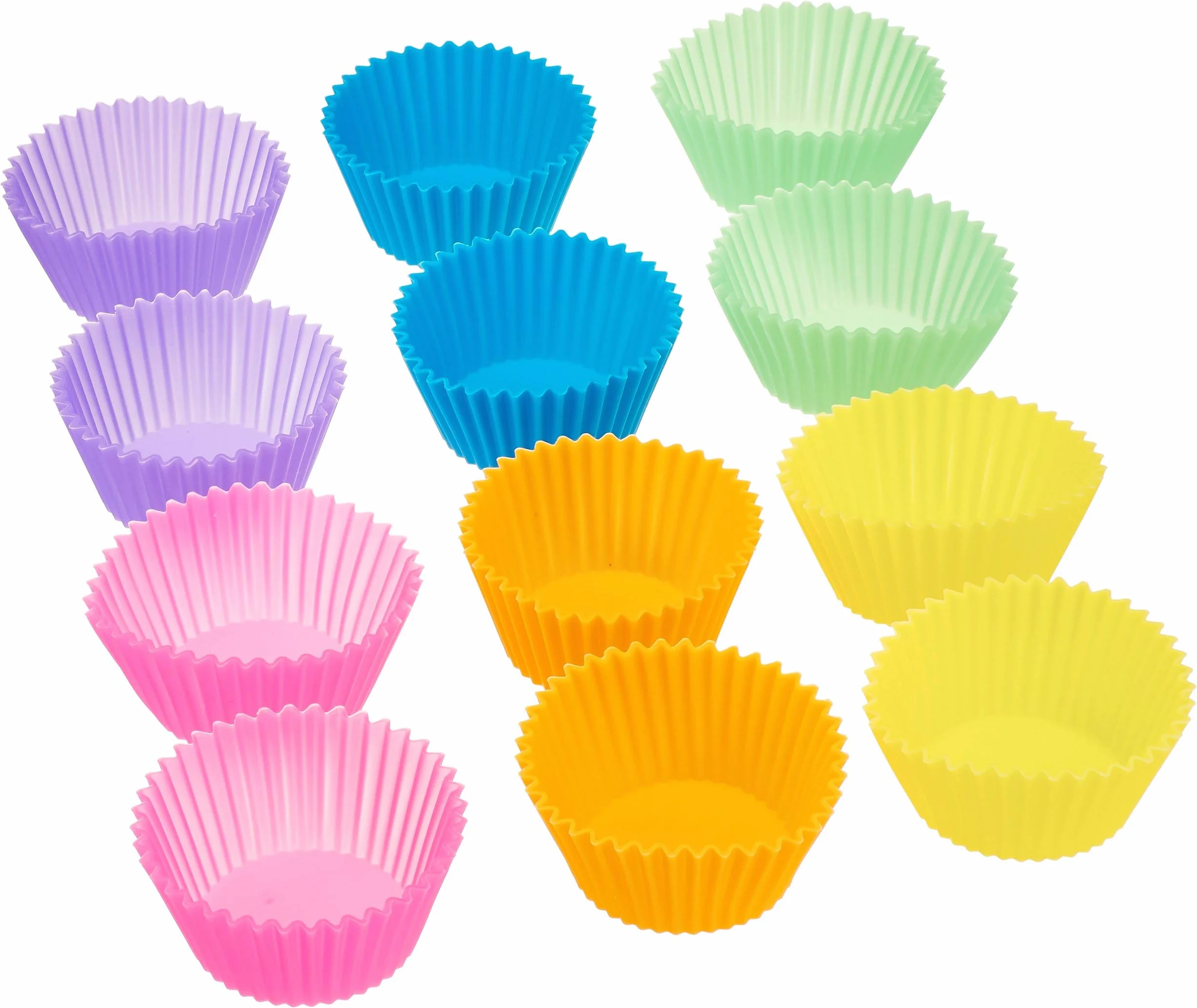 Amazon Basics Moldes Individuales de Silicona para Magdalenas, Reutilizables, Paquete de 12, Horno hasta 220°C, Multicolor