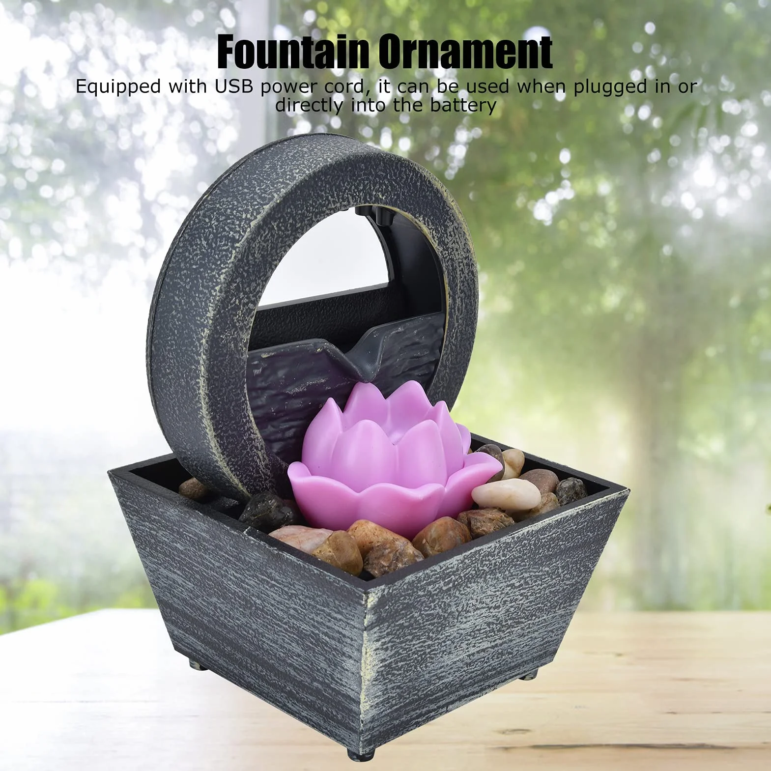 Fuente de Interior, Fuente de Agua LED con Flores de Plástico, Fuente de Mesa con Piedras para Decoración de Mesa en Casa, Oficina, Dormitorio, Sala de Estar