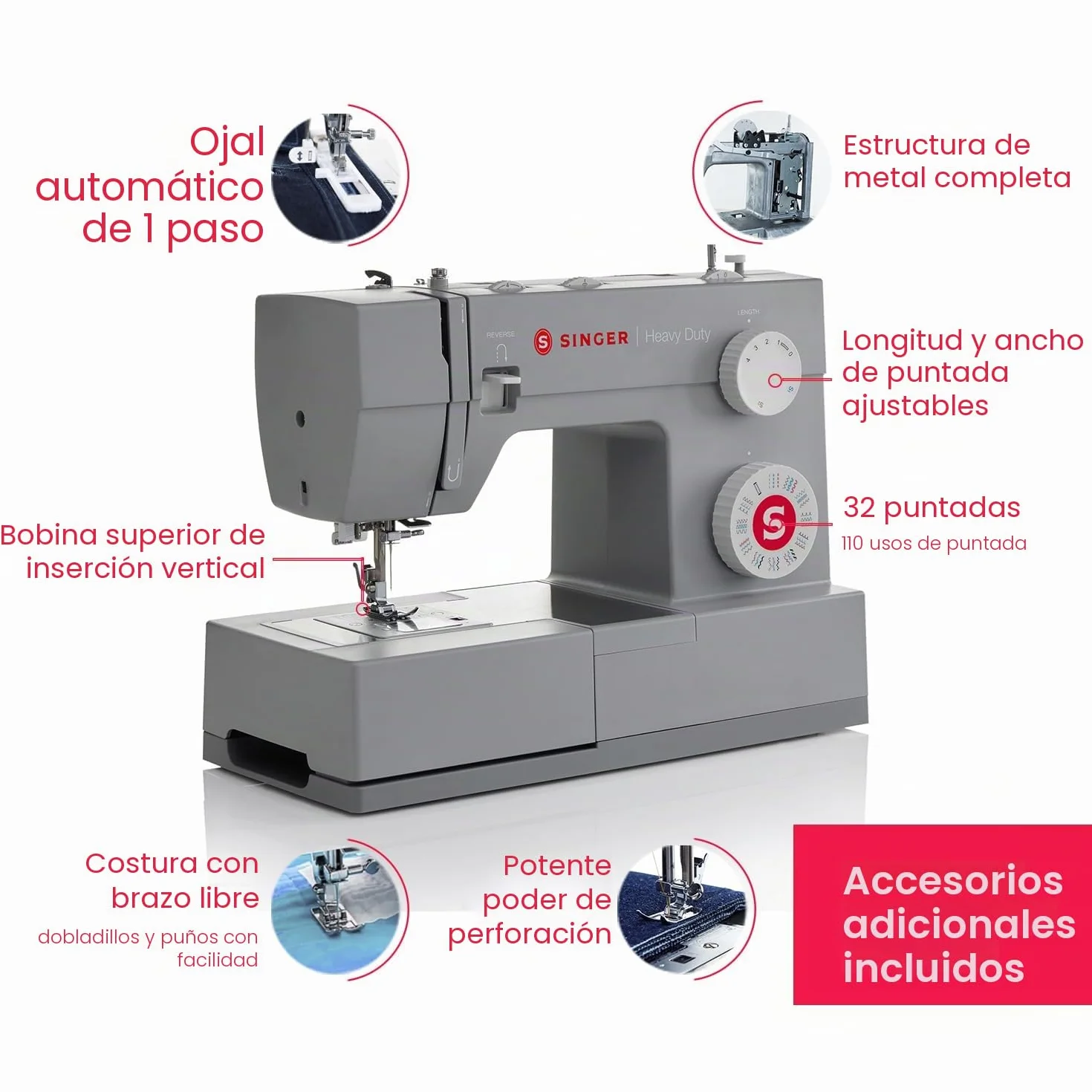 Singer Heavy Duty 4432 Máquina de Coser Mecánica, 32 Puntadas, Motor Potente, Ojal Automático, Enhebrador Automático, Placa de Refuerzo de Acero Inoxidable