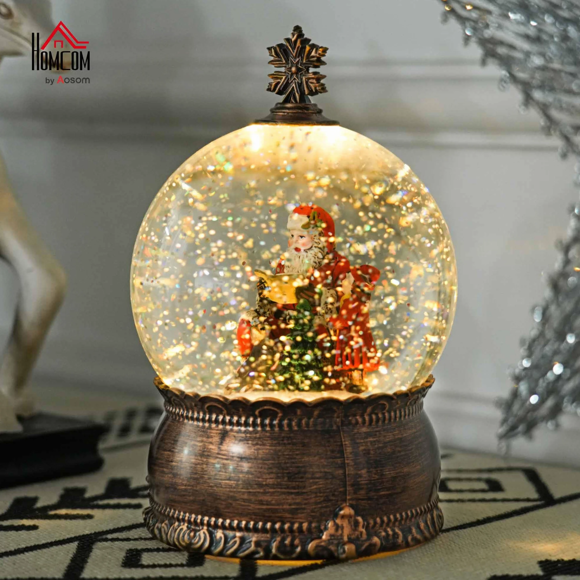 HOMCOM Bola de Nieve Navidad con Música y Luces Escena de Papá Noel y Niño Decoración Navideña Regalo Bronce