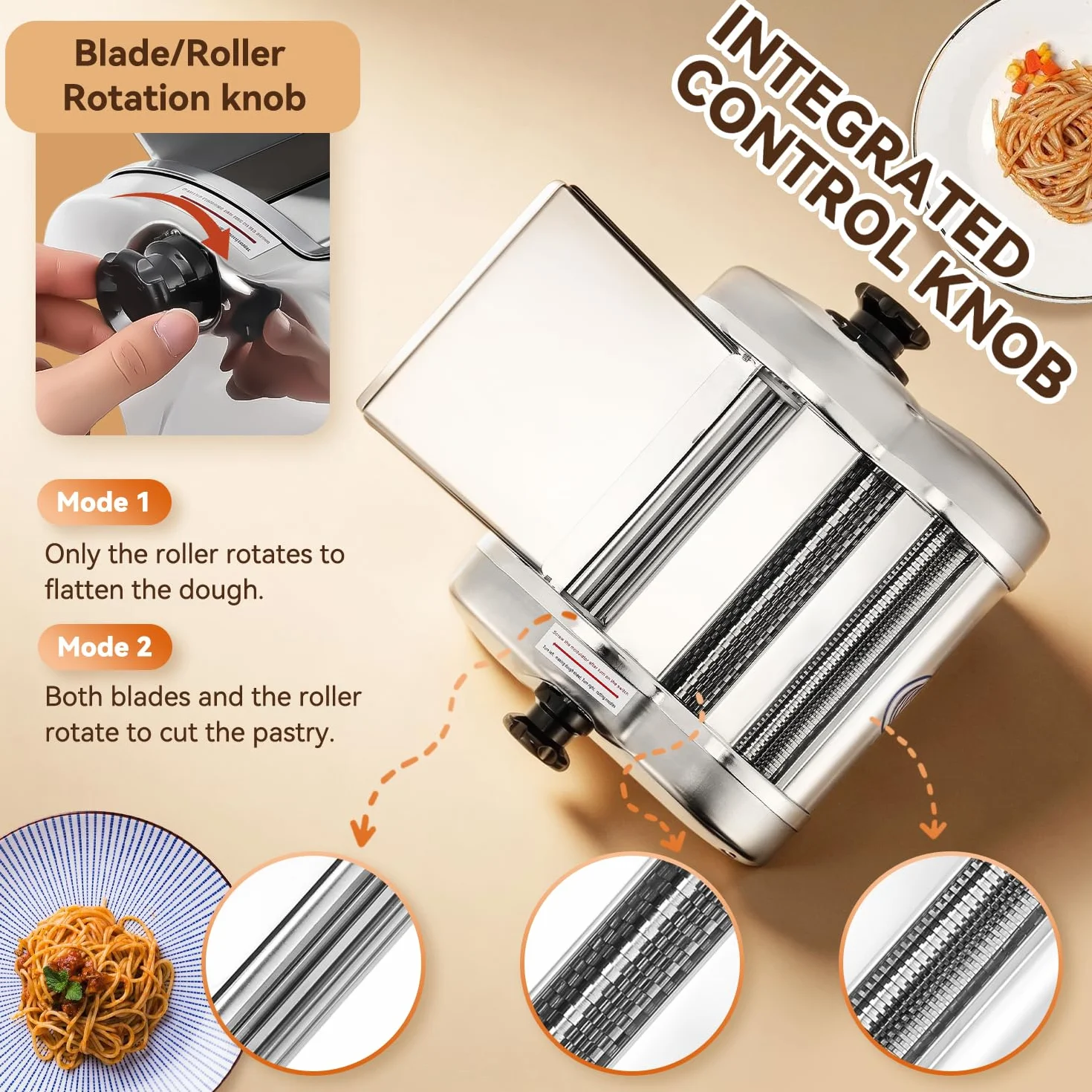 Moongiantgo Máquina de Pasta Fresca Eléctrica Acero Inox con 2 Cuchillas de 1.5 y 4mm, 9 Marchas de Grosor Ajustable para Fideos Espaguetis Raviolis