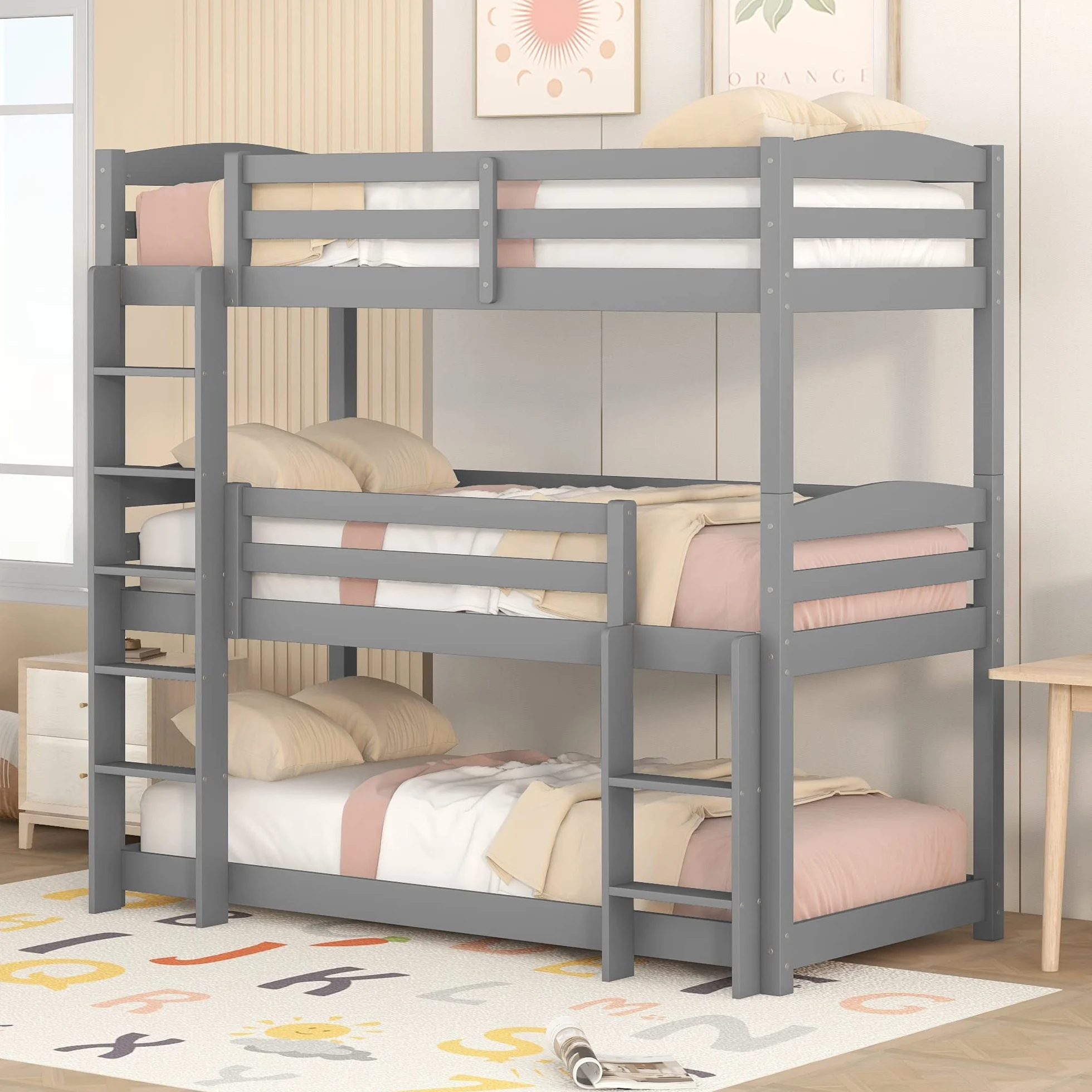 Azkoeesy Litera para 3 Niños 90x200 cm, Estructura Modular, con Somier y Barandilla de Seguridad, Madera de Pino Color Gris