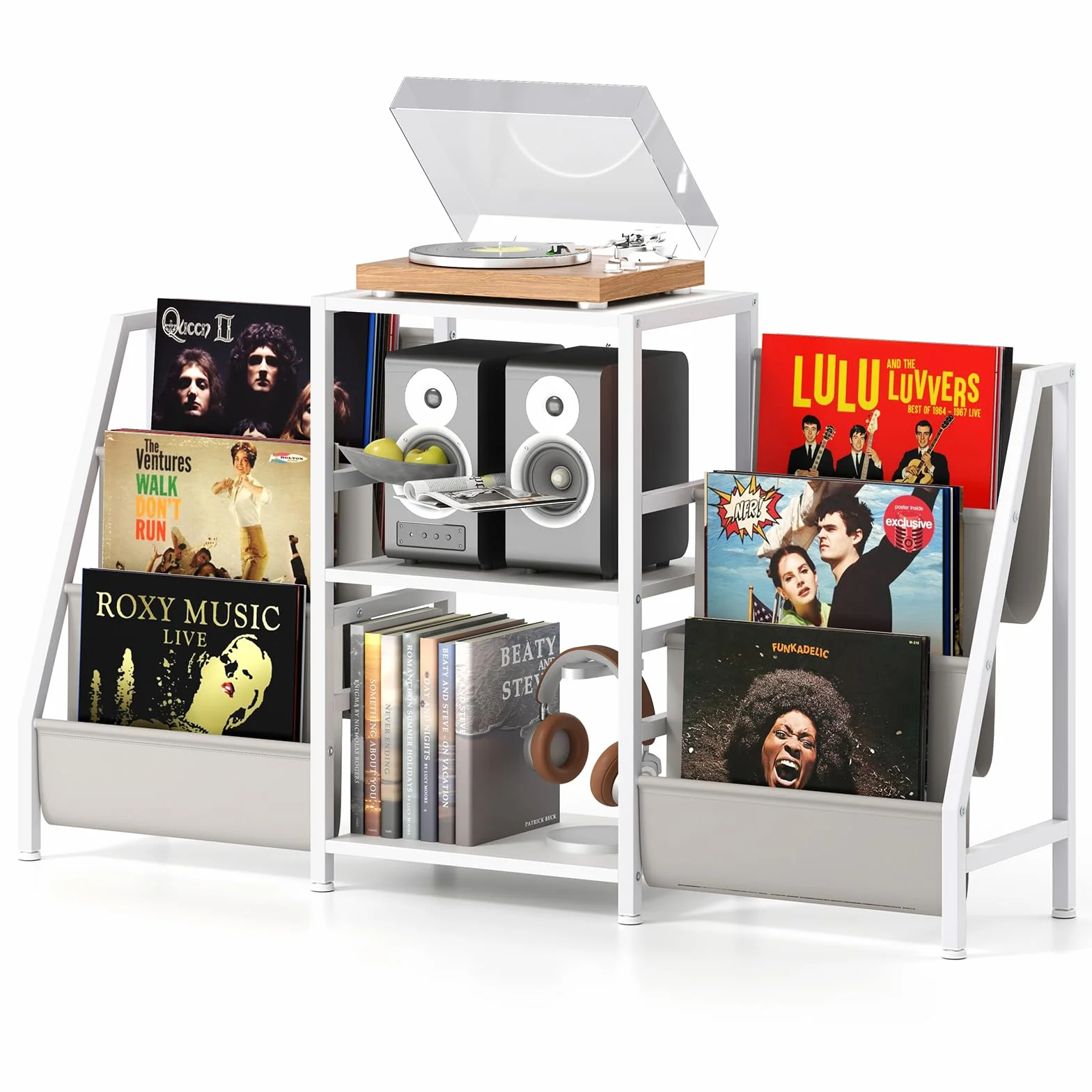 COSTWAY Soporte para Tocadiscos con Almacenamiento para Vinilos, Estantería de Metal, 6 Bolsillos, Blanco
