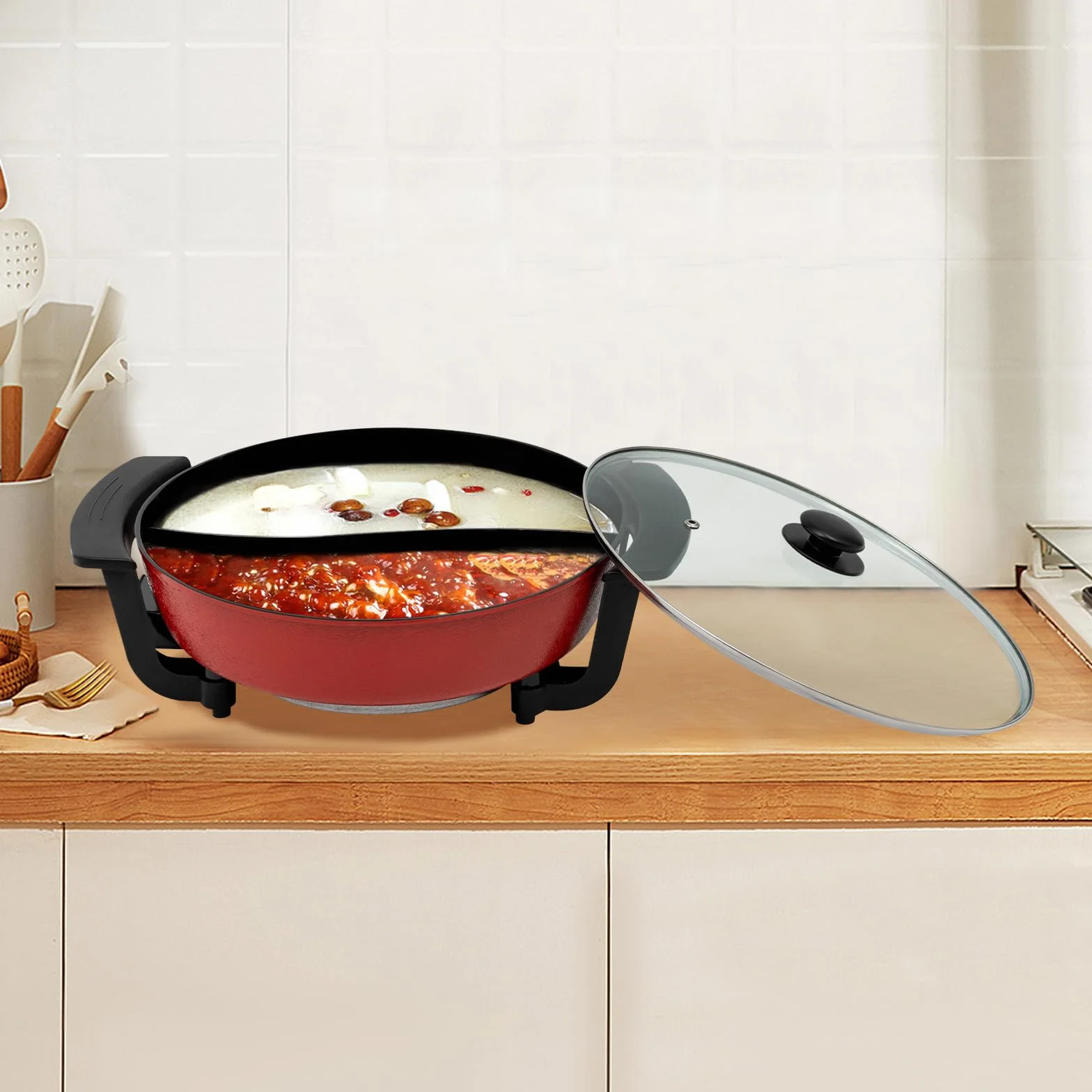 Estufa Eléctrica Multifunción 1360W Olla Hot Pot Eléctrico Fondue Shabu con Partición Temperatura Ajustable para 3-4 Personas