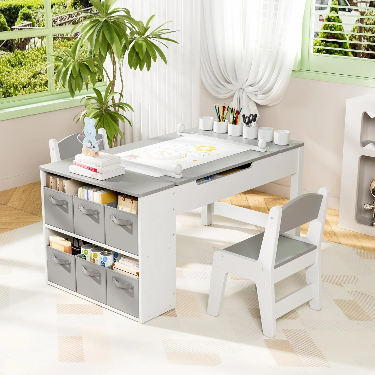 MAMIZO Mesa y Sillas Infantiles Madera con 2 Sillas, Mobiliario Infantil con Espacio de Almacenaje para Niños a Partir de 3 Años, Mesa de Pintura para Habitación Infantil, Sala de Juegos (Gris)