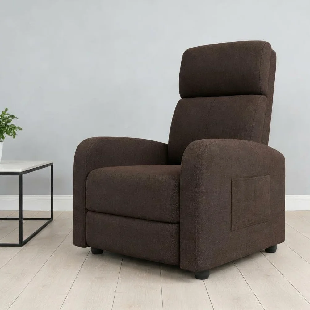 Sillón Relax Reclinable Compacto, Apertura Push Manual con Reposapiés, Posición Cero hasta 160º, Carga Máxima 136 kg, 49×72×101 cm, Marrón