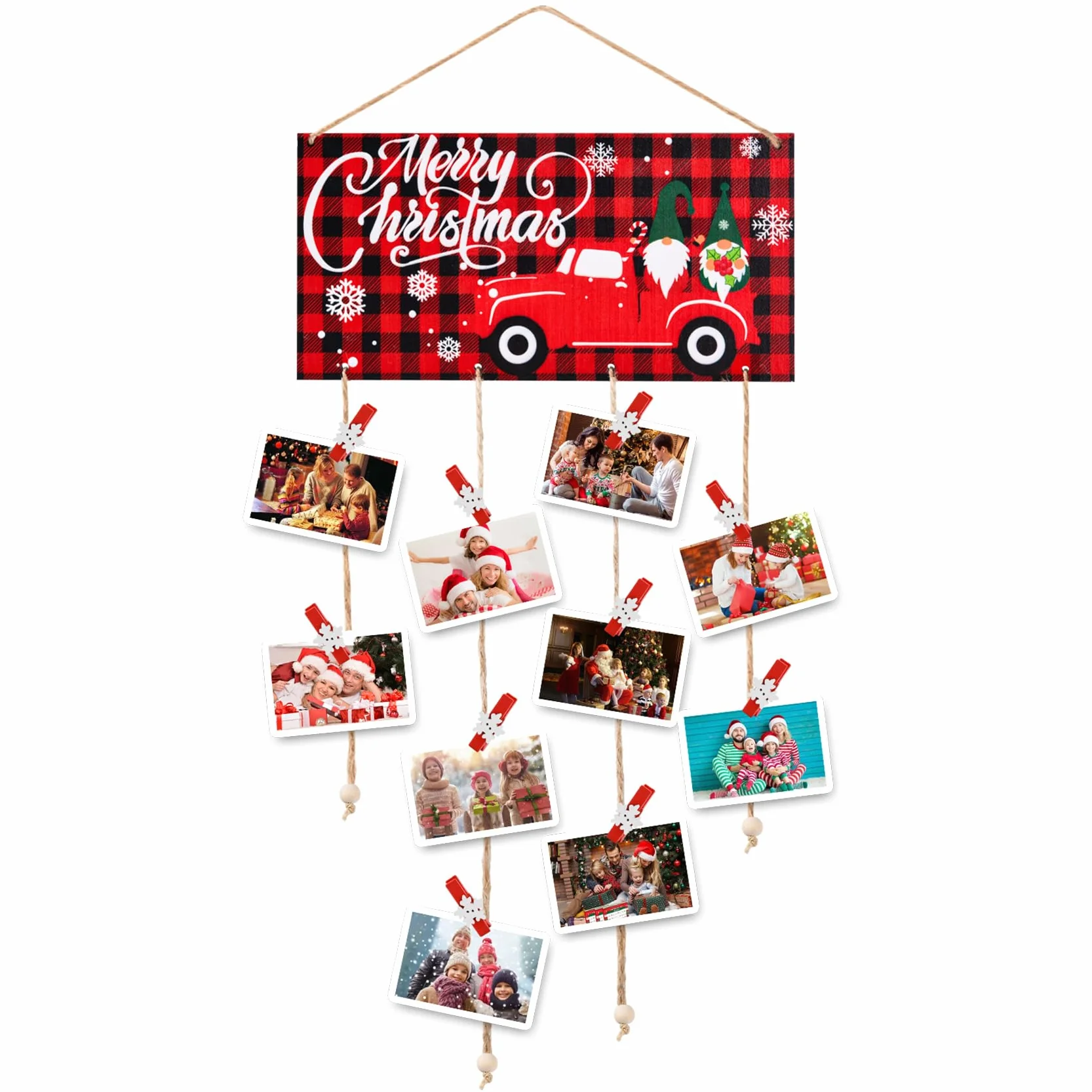 Tarjetero de Navidad de madera para colgar en la pared con 30 clips de fotos de madera de copo de nieve para pared, exhibición de tarjetas de felicitación de Navidad para decoración de pared de fiesta