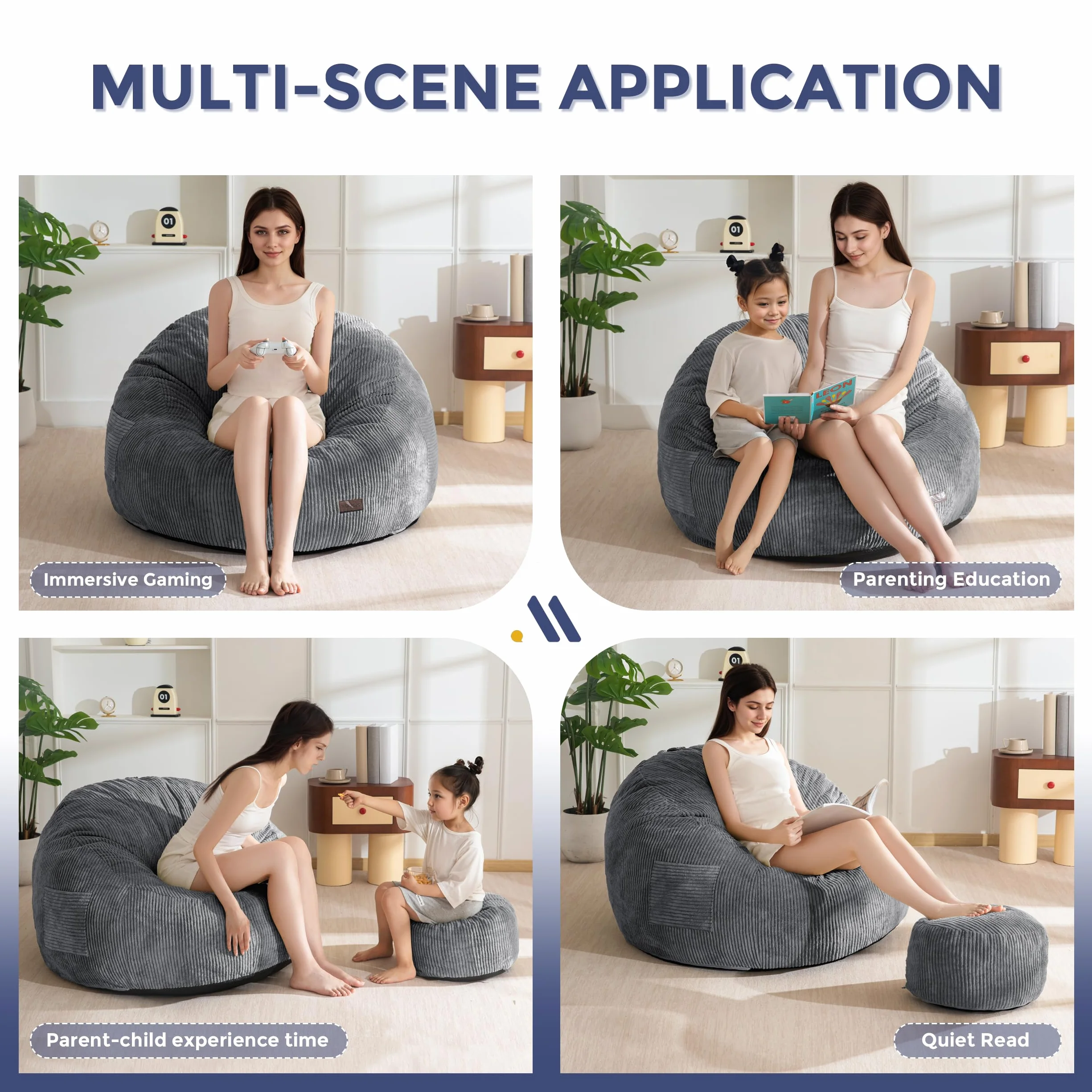 MAXYOYO Sillón Puff de Pana con Reposapiés para Adultos y Niños, Sofá Puff y Puf con Relleno de Espuma, Sillón con Asa para Sala de Estar, Dormitorio, Juegos, Lectura y Relajación