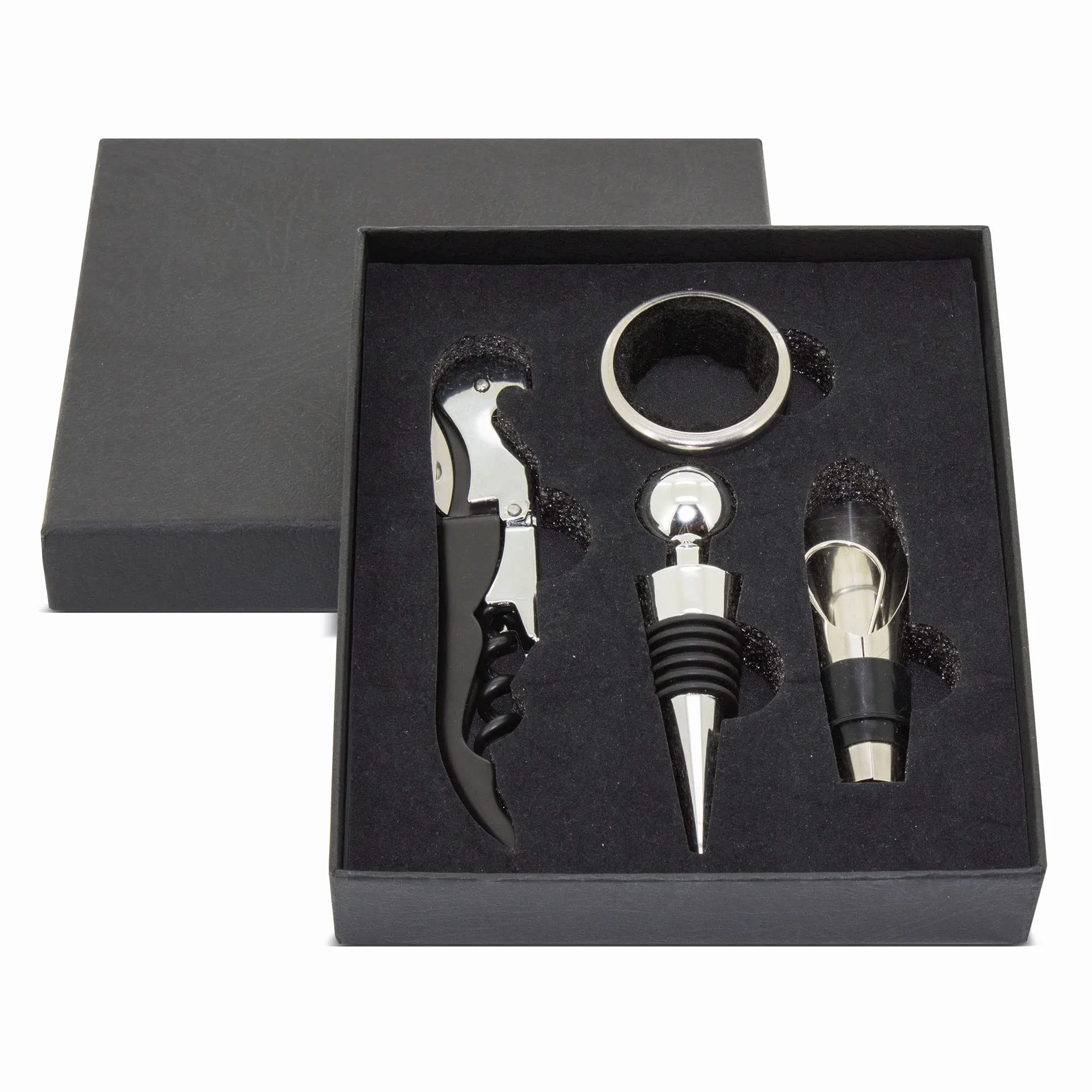 Set de vinos para regalar, Estuche de regalo en caja de cartón para los amantes del vino que incluye anillo antigoteo, tapón, sacacorchos y dosificador.