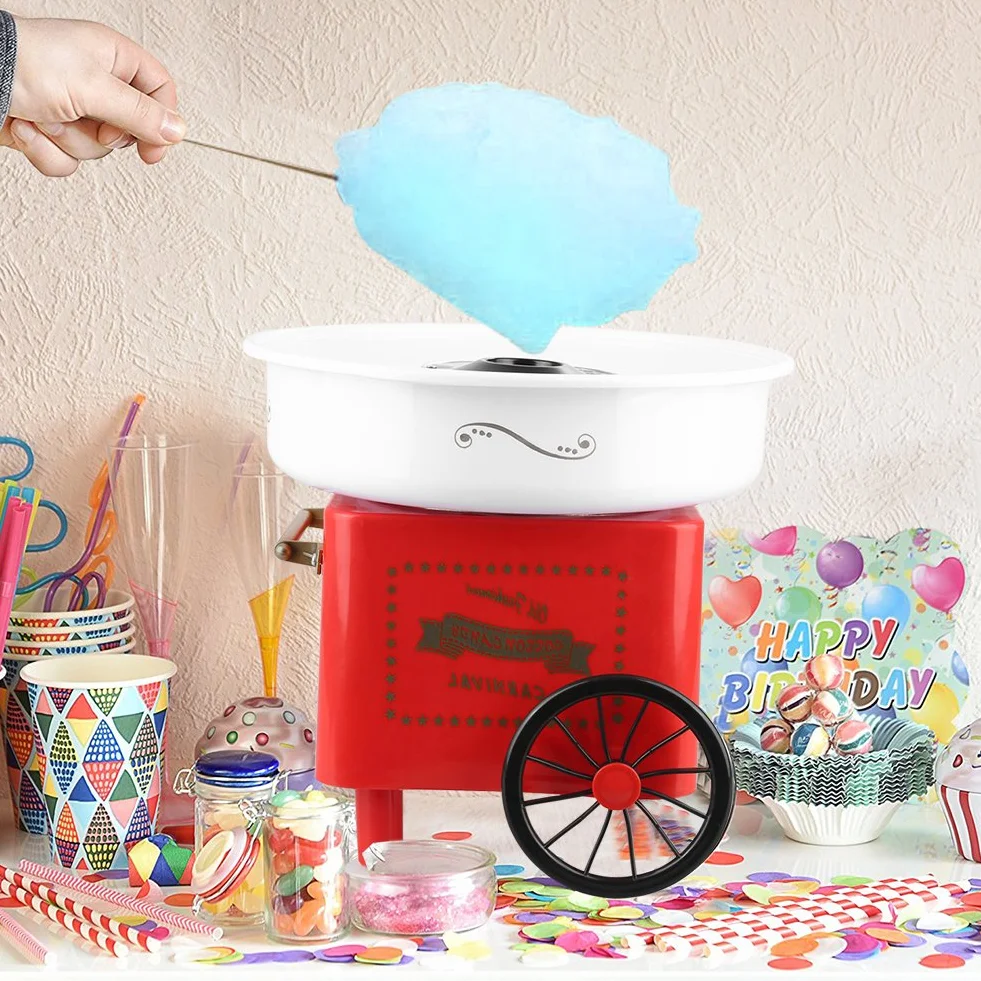 Máquina de algodón de azúcar, algodón de azúcar para niños, máquina de algodón de azúcar con palillos y cucharas medidoras, para cumpleaños infantiles (mini máquina de malvavisco retro roja)